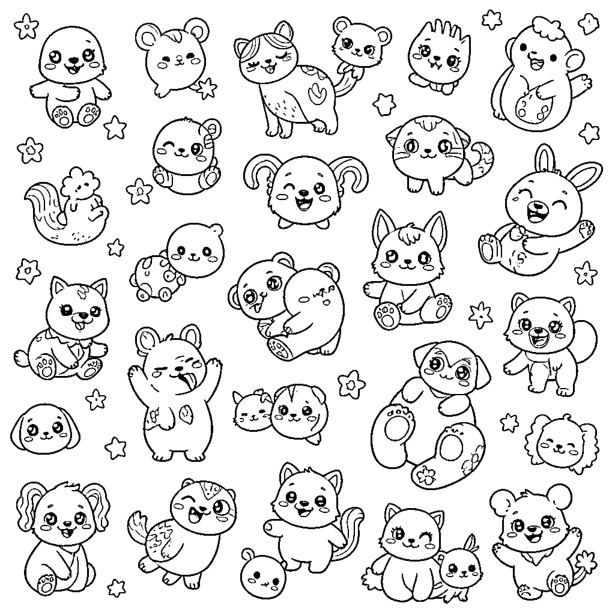 Doodle of various cute animals with happy expressions Coloring Page (free black-and-white line drawing printable PDF for all, from beginners to advanced learners, including children, teens, adults, and seniors)