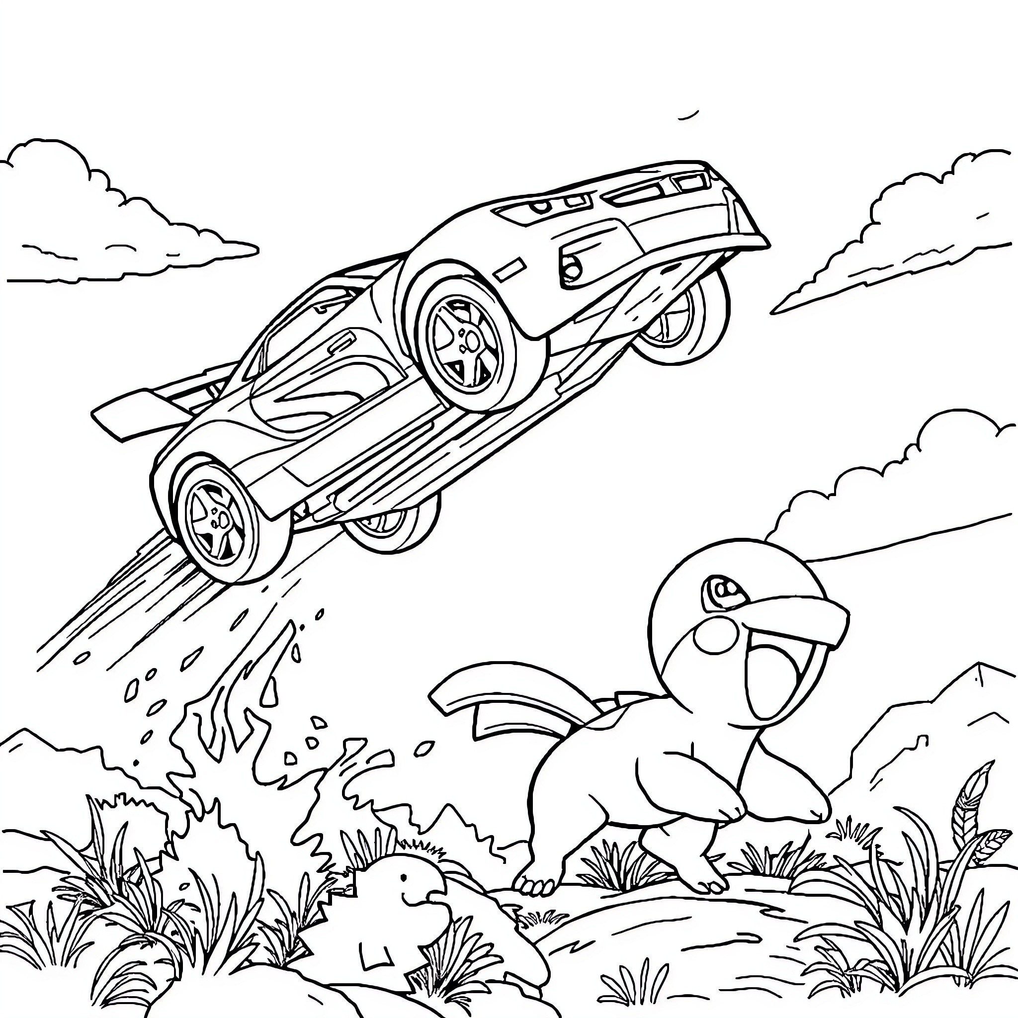 Car speeding through rugged terrain with cartoon character Coloring Page (free black-and-white line drawing printable PDF for all, from beginners to advanced learners, including children, teens, adults, and seniors)