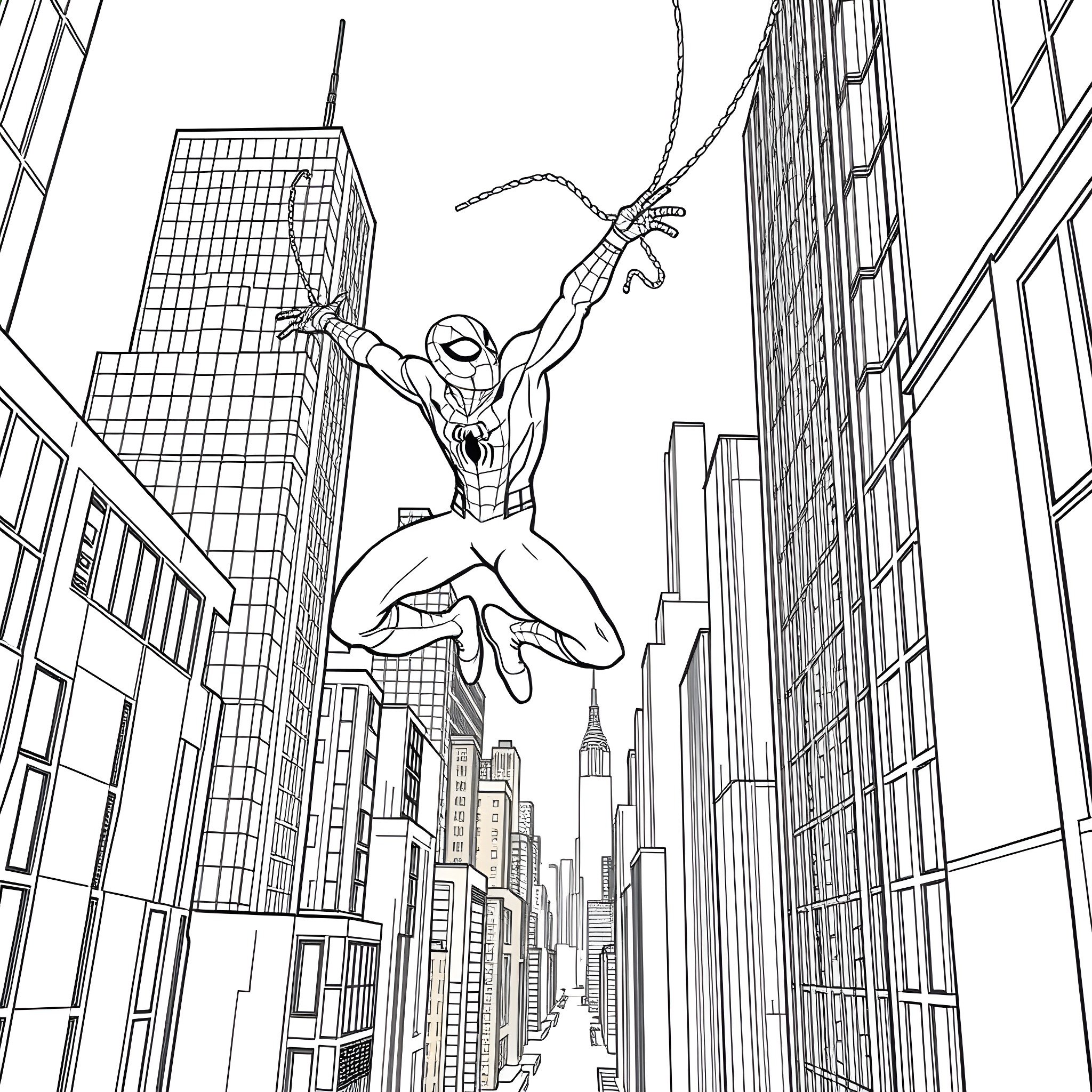 Spider-Man swinging through the city skyscrapers Coloring Page (free black-and-white line drawing printable PDF for all, from beginners to advanced learners, including children, teens, adults, and seniors)