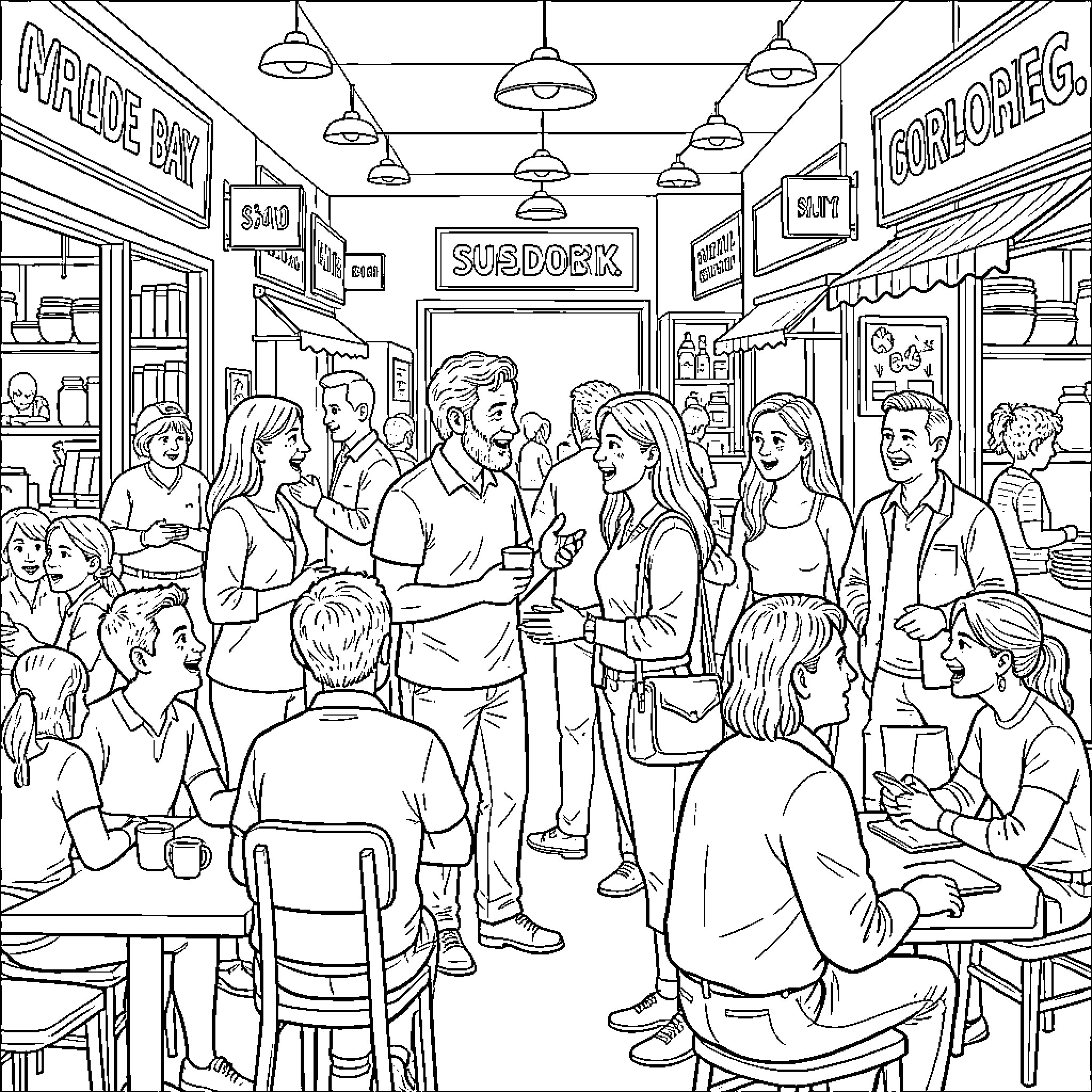 Person in crowded cafe interacting with others Coloring Page (free black-and-white line drawing printable PDF for all, from beginners to advanced learners, including children, teens, adults, and seniors)