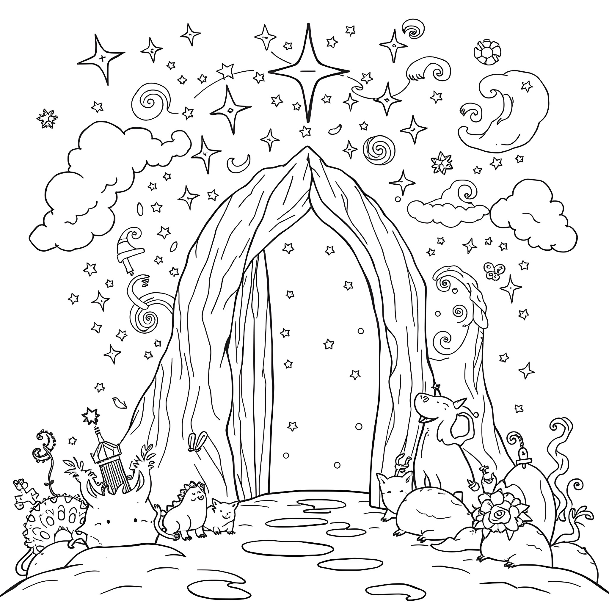 Generator of magical stars and creatures in a whimsical forest landscape Coloring Page (free black-and-white line drawing printable PDF for all, from beginners to advanced learners, including children, teens, adults, and seniors)