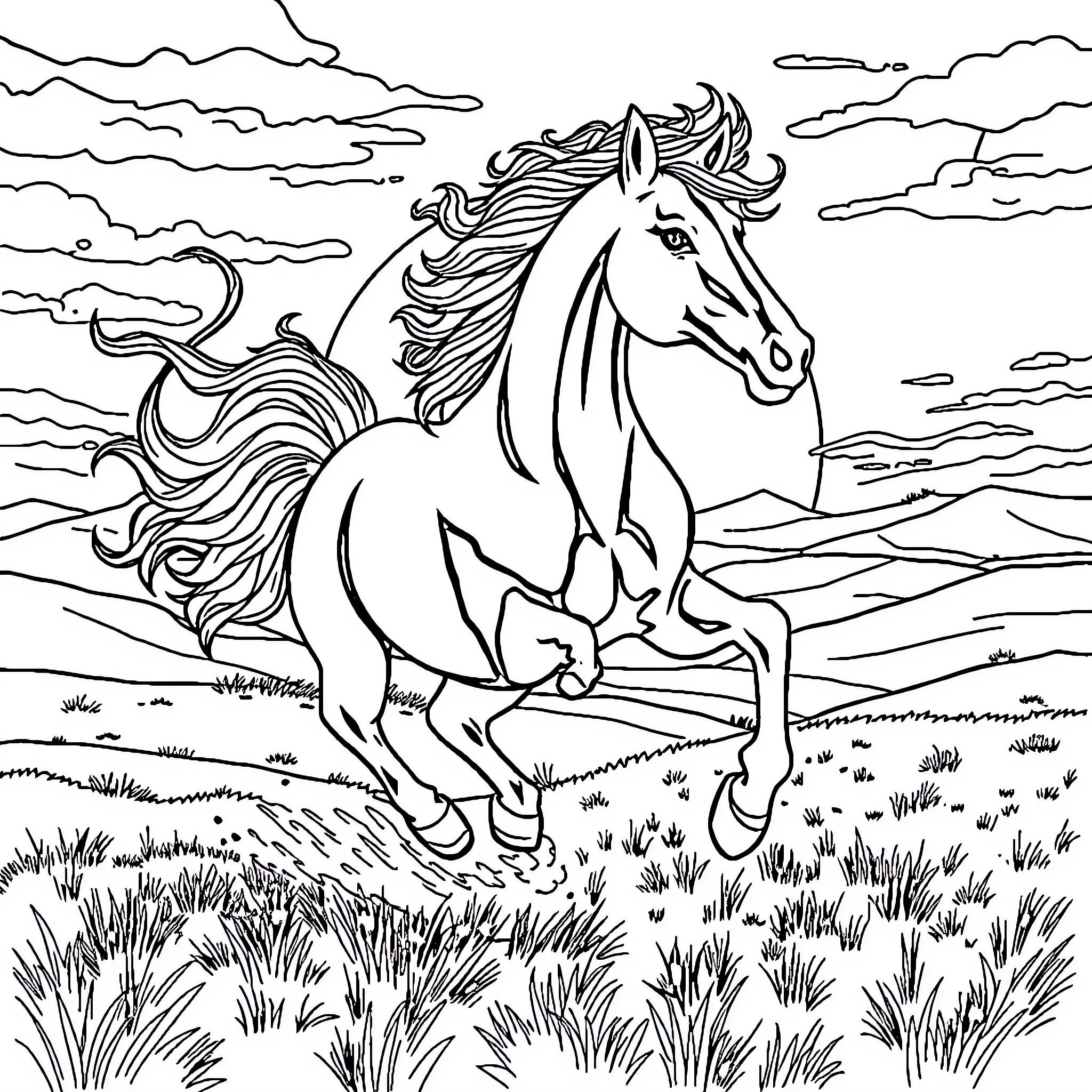 Horse Galloping Freely Through Scenic Landscape Coloring Page (free black-and-white line drawing printable PDF for all, from beginners to advanced learners, including children, teens, adults, and seniors)