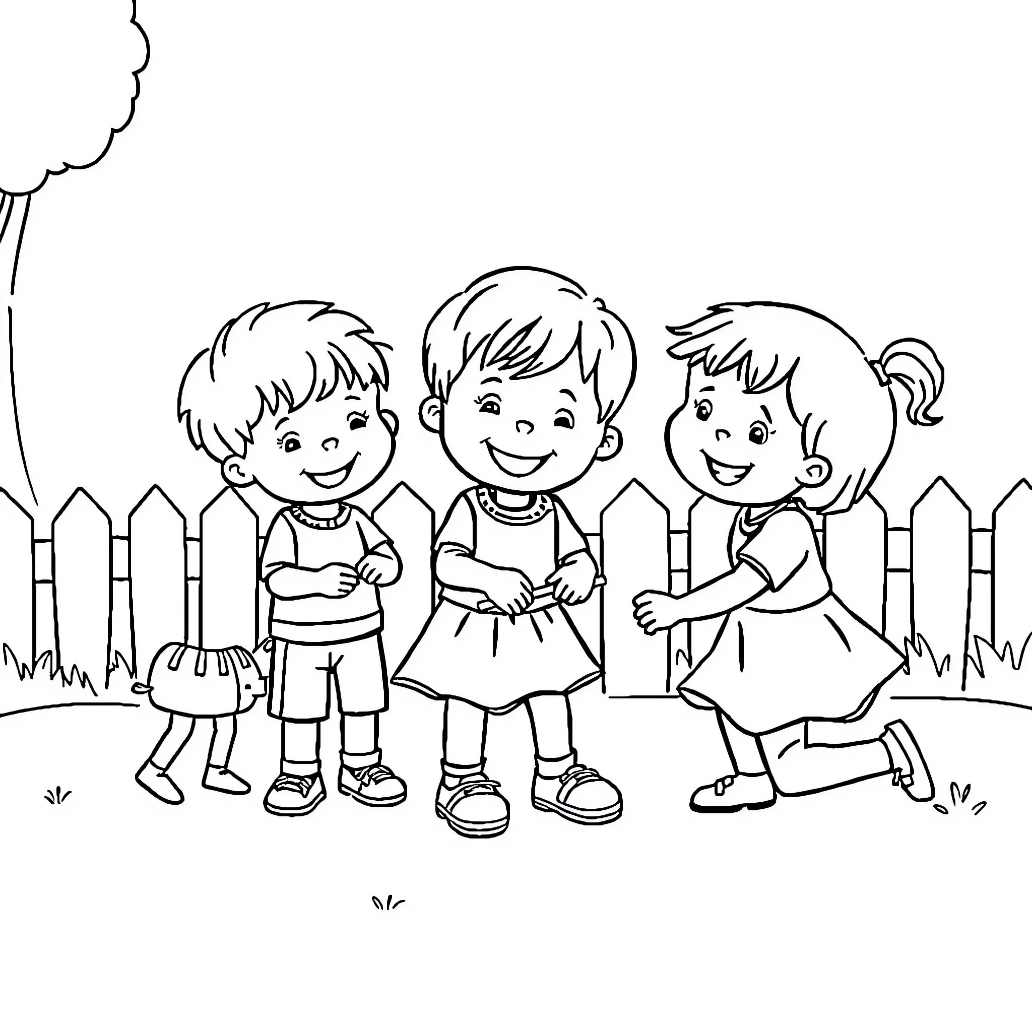 Child playing joyfully with friends in the yard Coloring Page (free black-and-white line drawing printable PDF for all, from beginners to advanced learners, including children, teens, adults, and seniors)