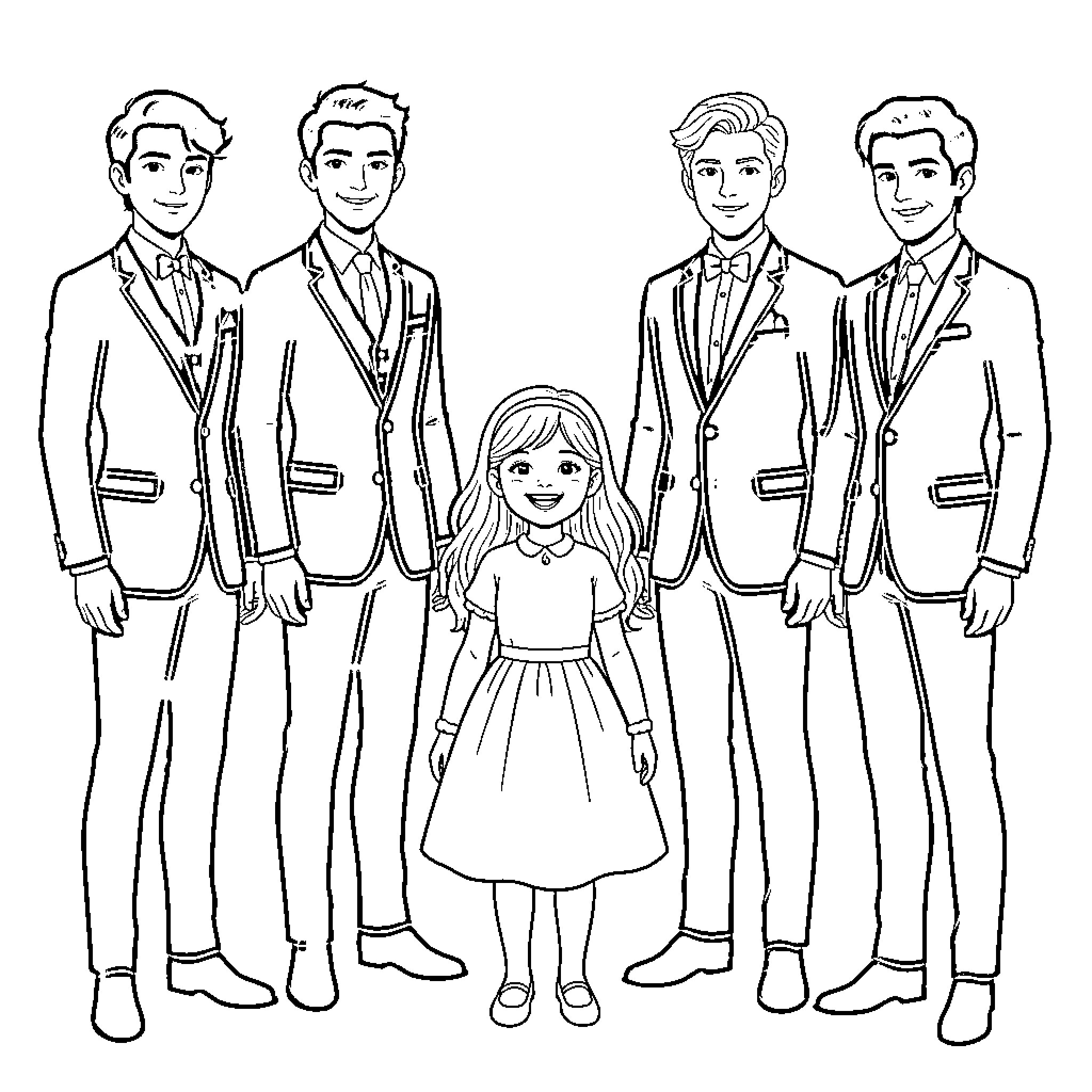 Traje de grupo formal con vestido y sonrisas Coloring Page (free black-and-white line drawing printable PDF for all, from beginners to advanced learners, including children, teens, adults, and seniors)