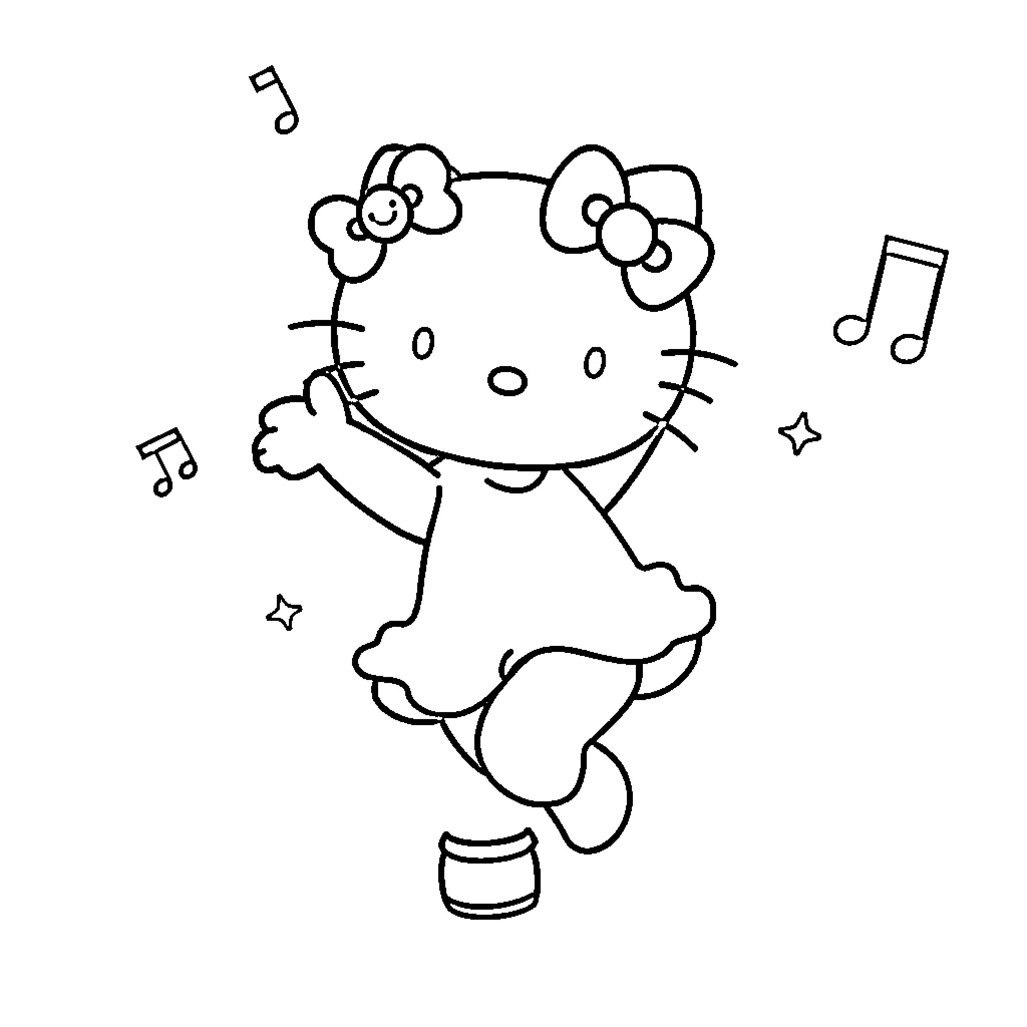 Hello Kitty Singing and Dancing with Musical Notes Coloring Page (free black-and-white line drawing printable PDF for all, from beginners to advanced learners, including children, teens, adults, and seniors)