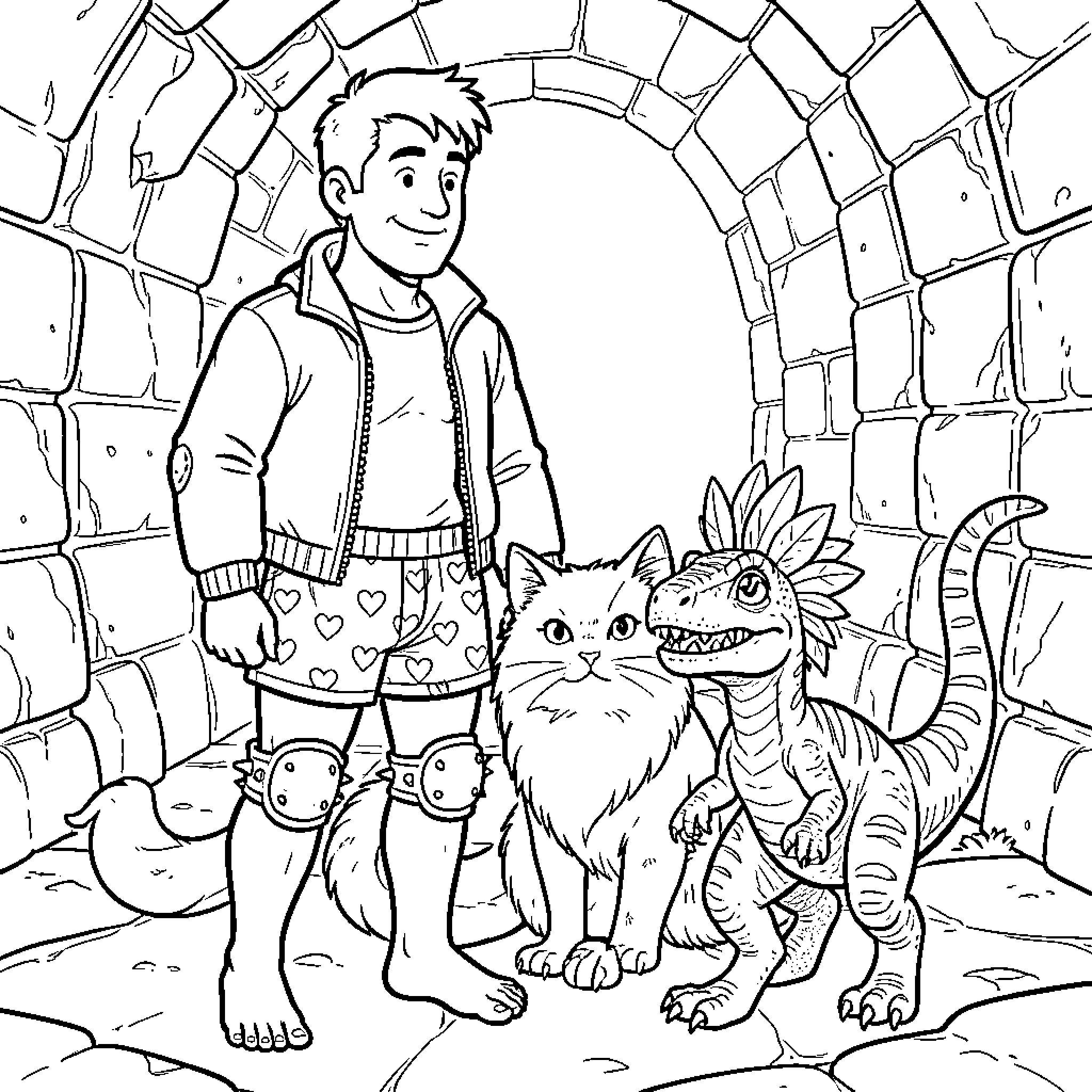 Carl explores a fantasy cave with his pet cat and dinosaur Coloring Page (free black-and-white line drawing printable PDF for all, from beginners to advanced learners, including children, teens, adults, and seniors)