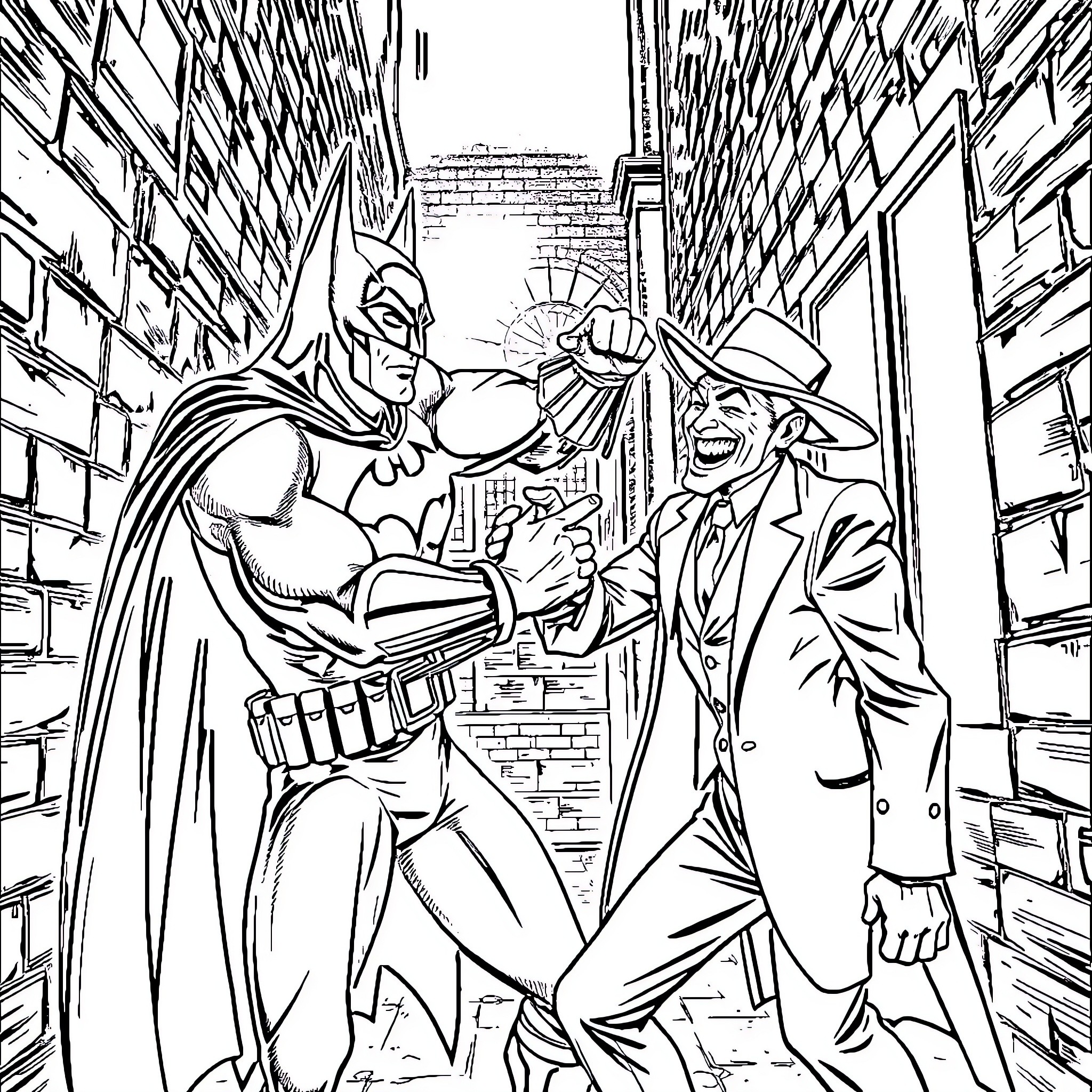 Batman and the Joker in a Dramatic Confrontation Coloring Page (free black-and-white line drawing printable PDF for all, from beginners to advanced learners, including children, teens, adults, and seniors)