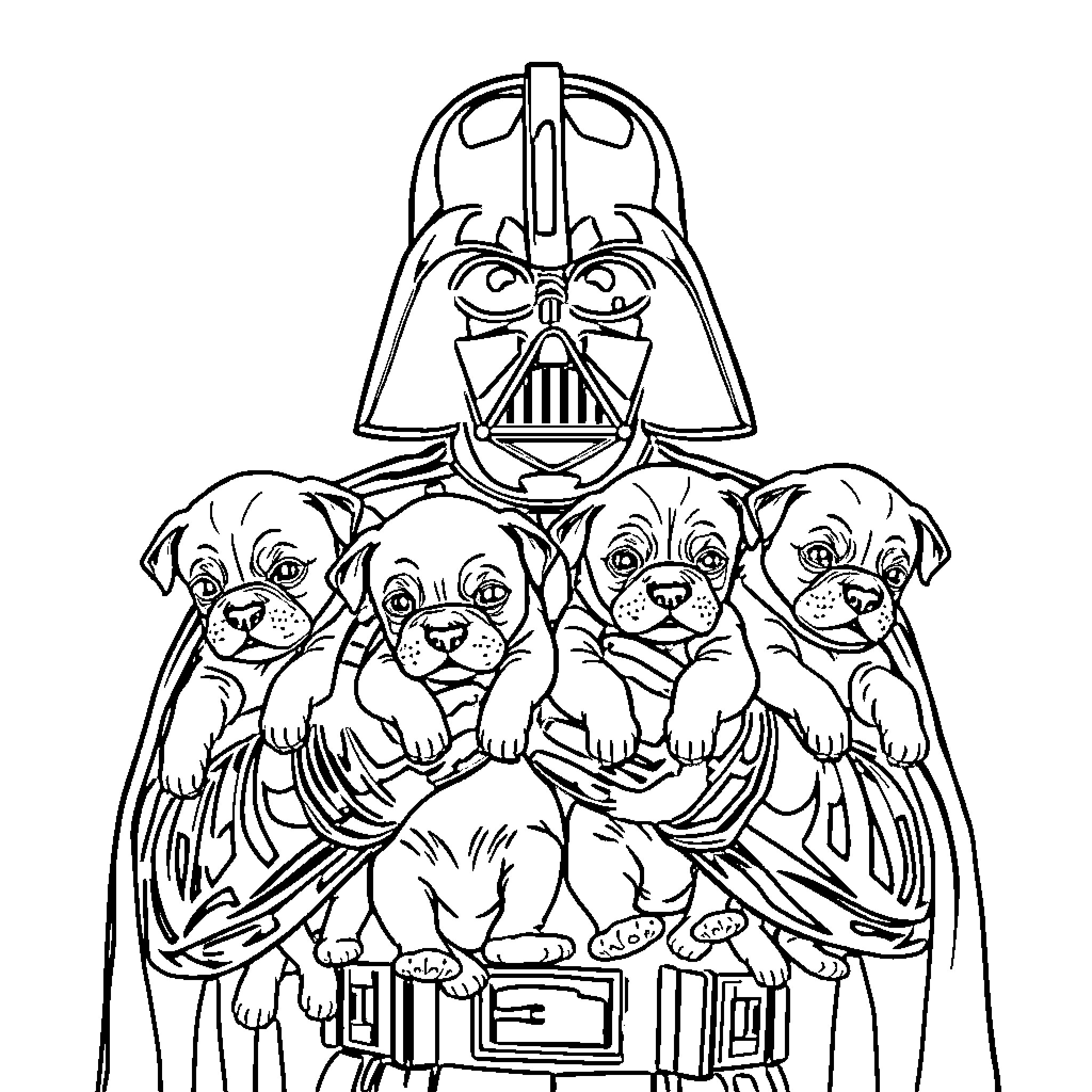 Darth Vader with adorable puppies Coloring Page (free black-and-white line drawing printable PDF for all, from beginners to advanced learners, including children, teens, adults, and seniors)