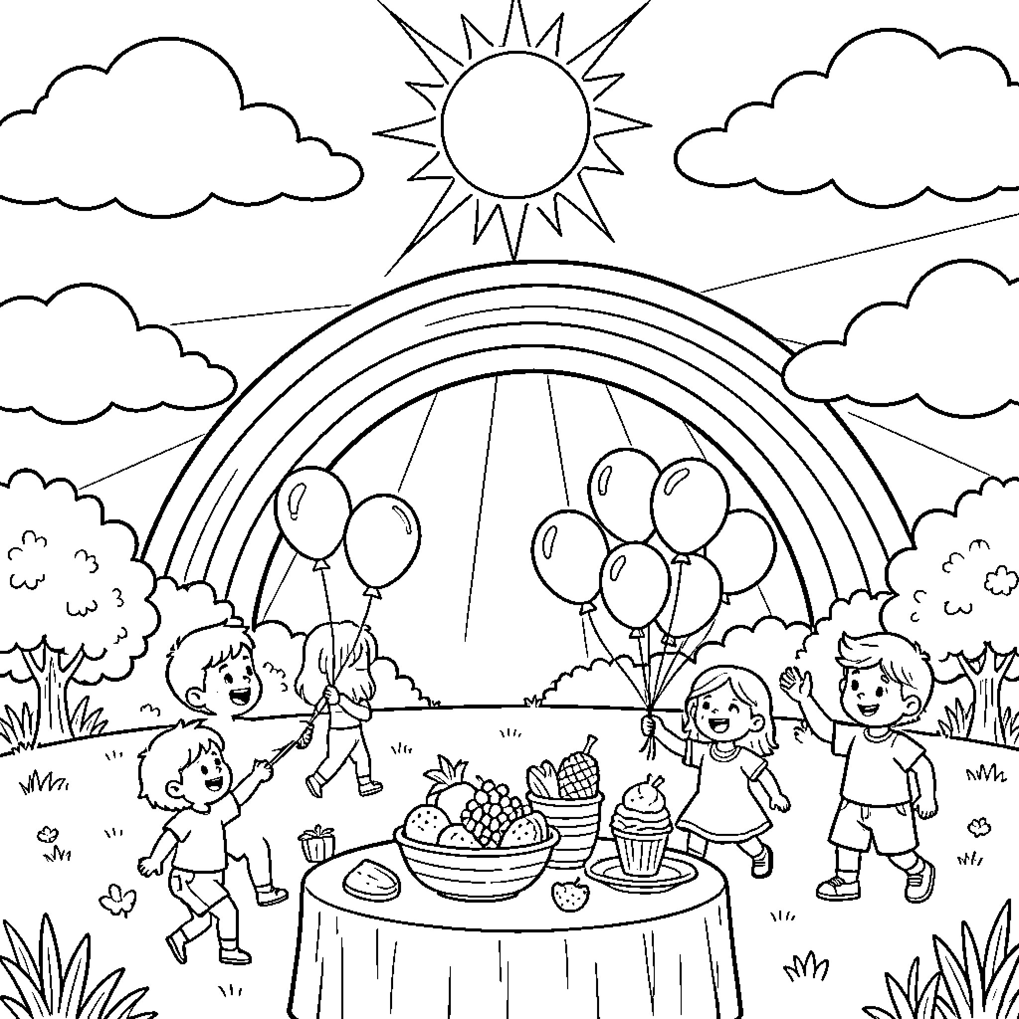 Sun shining over children celebrating with balloons and treats Coloring Page (free black-and-white line drawing printable PDF for all, from beginners to advanced learners, including children, teens, adults, and seniors)