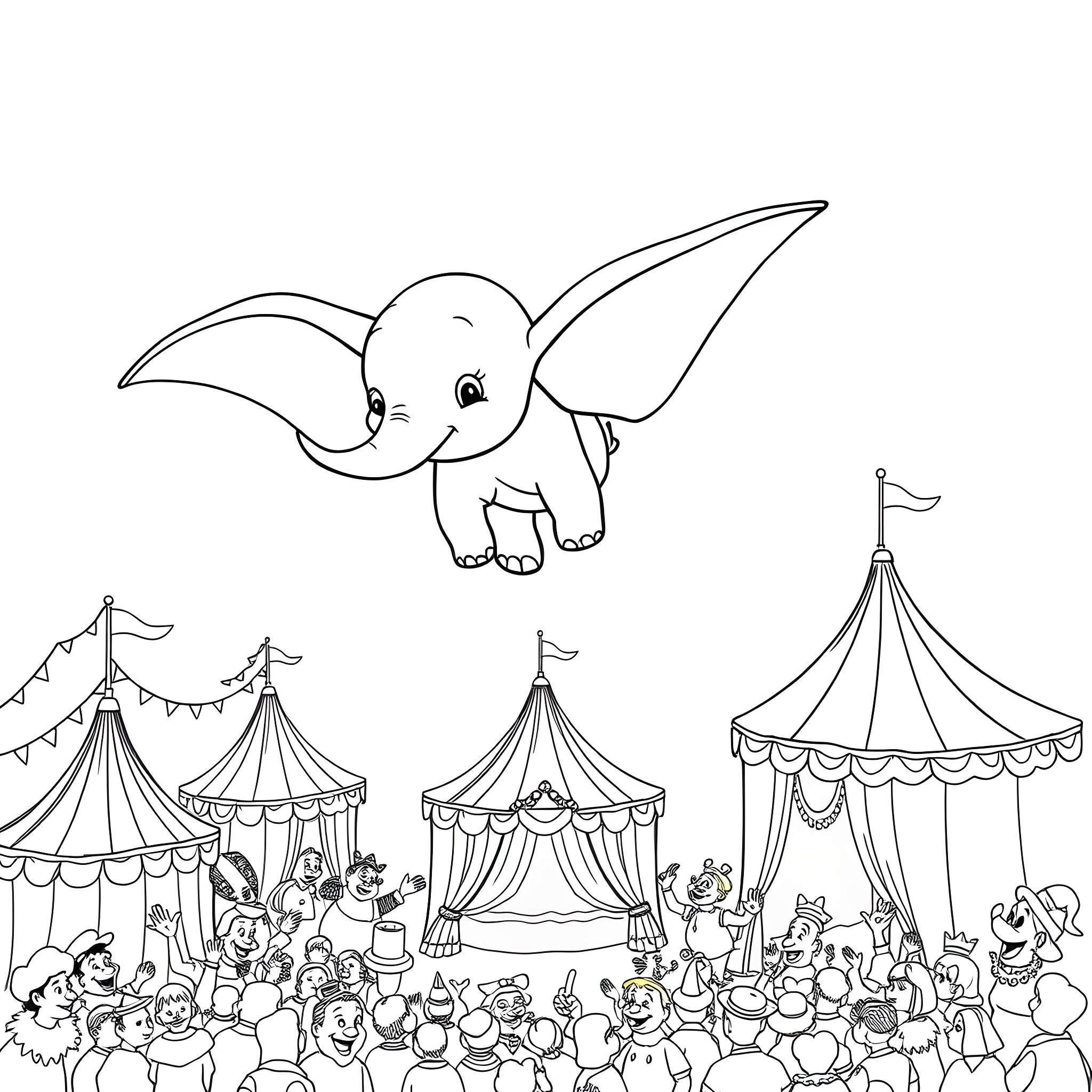 Dumbo the elephant flying over a circus festival Coloring Page (free black-and-white line drawing printable PDF for all, from beginners to advanced learners, including children, teens, adults, and seniors)