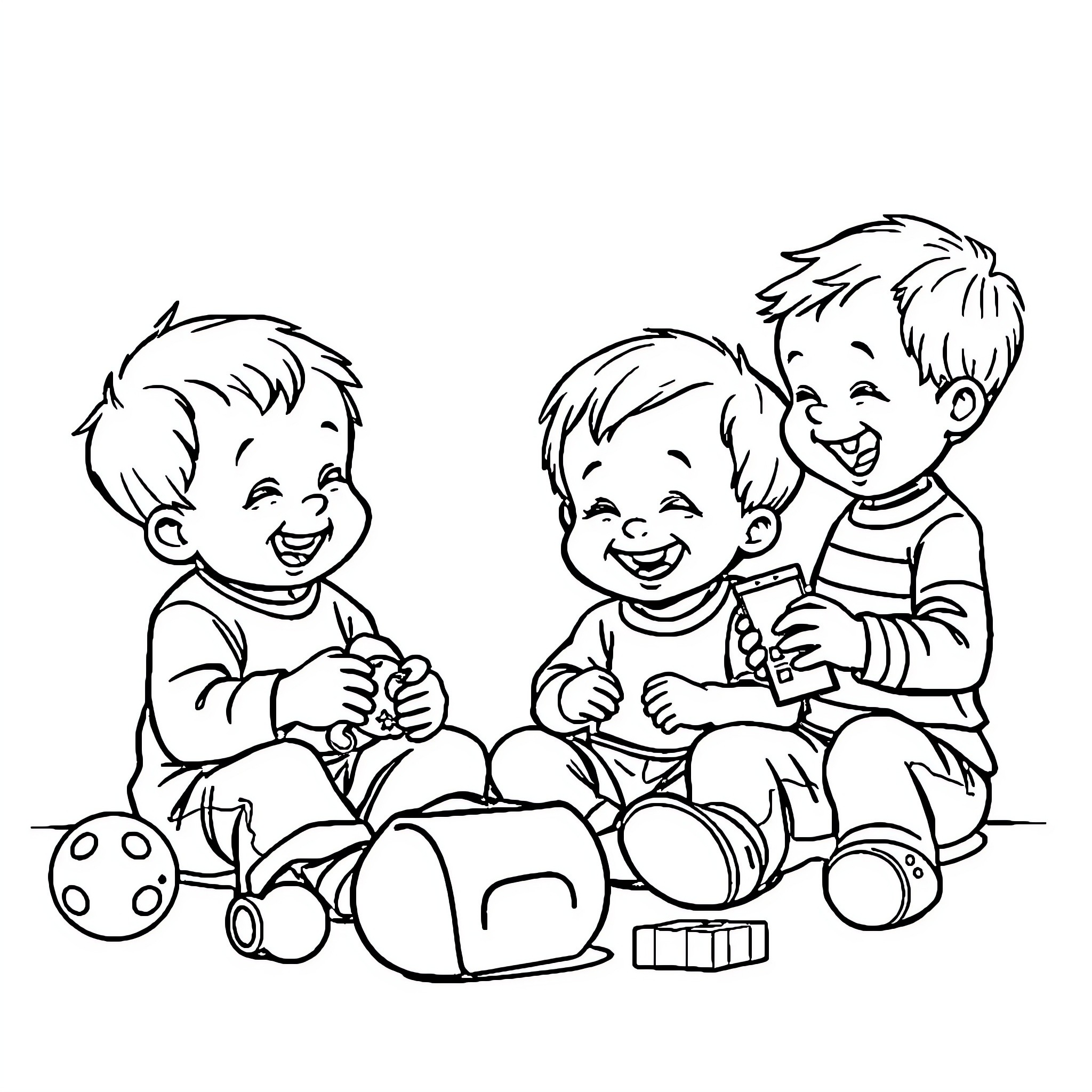 Toddlers playing joyfully with toys Coloring Page (free black-and-white line drawing printable PDF for all, from beginners to advanced learners, including children, teens, adults, and seniors)