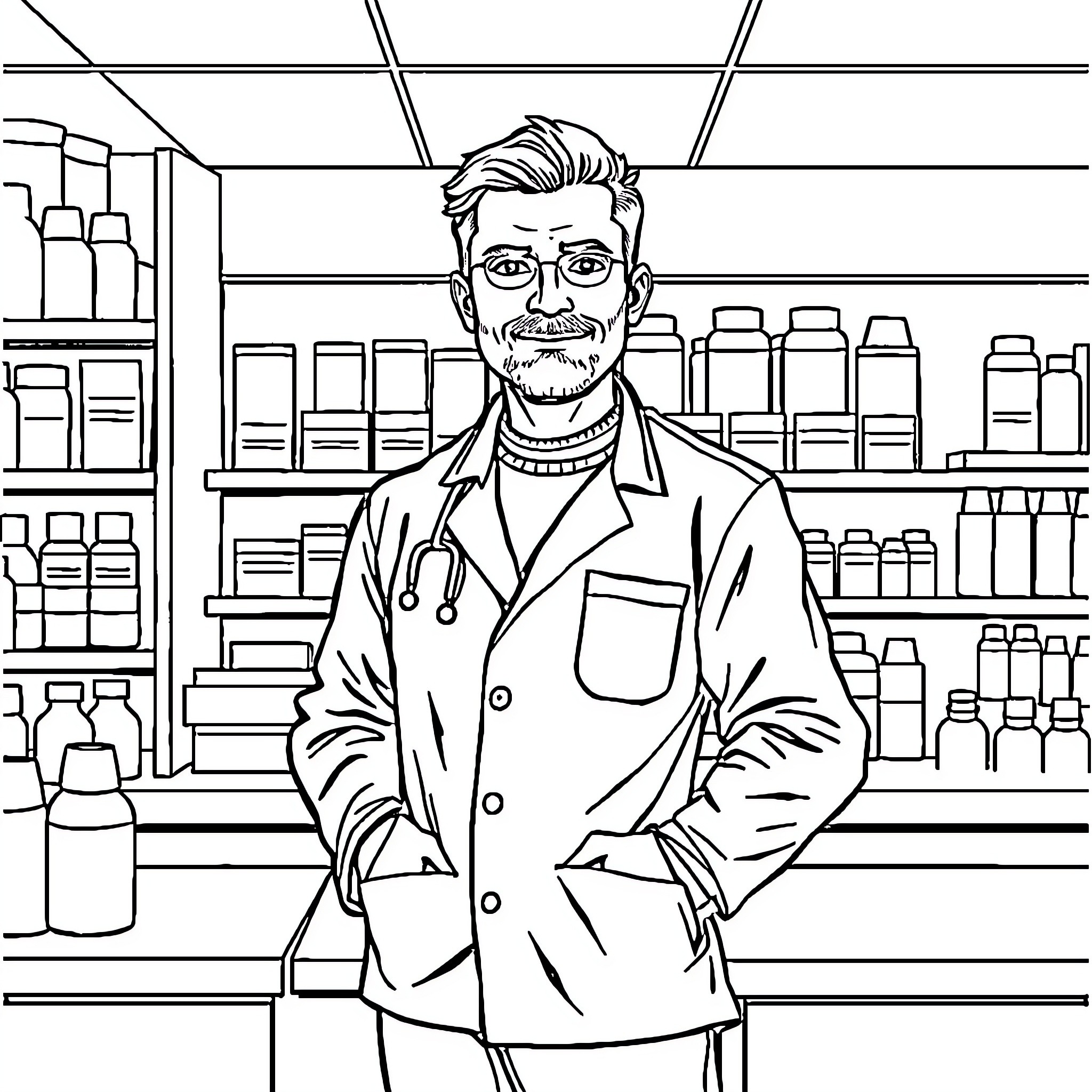 Pharmacist Providing Friendly and Professional Service Coloring Page (free black-and-white line drawing printable PDF for all, from beginners to advanced learners, including children, teens, adults, and seniors)