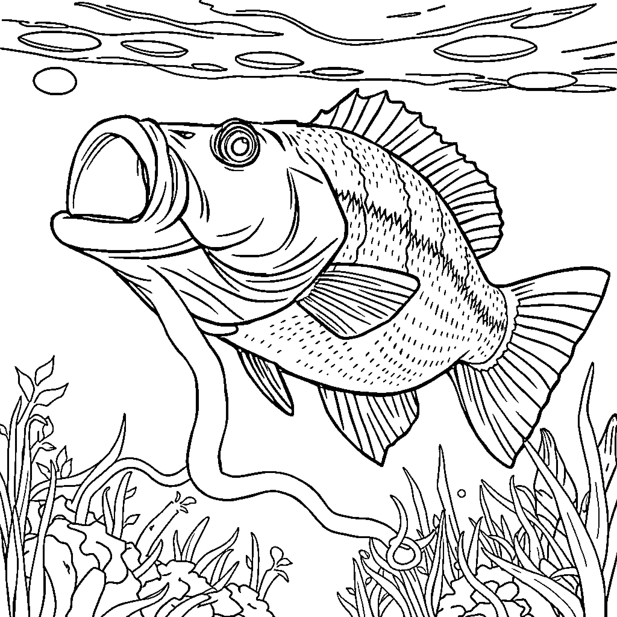 Bass swimming through underwater flora Coloring Page (free black-and-white line drawing printable PDF for all, from beginners to advanced learners, including children, teens, adults, and seniors)