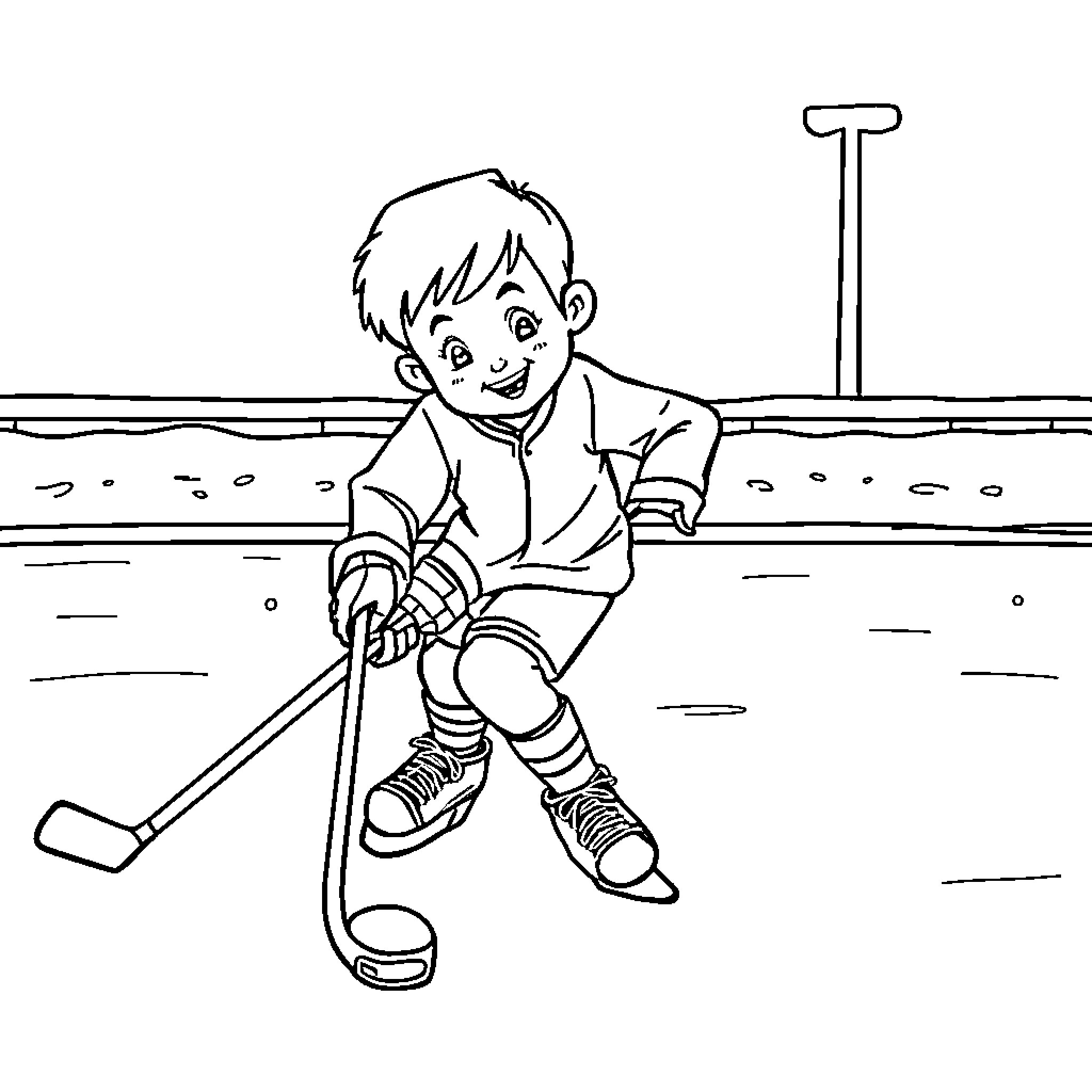 Boy playing hockey on the ice rink Coloring Page (free black-and-white line drawing printable PDF for all, from beginners to advanced learners, including children, teens, adults, and seniors)