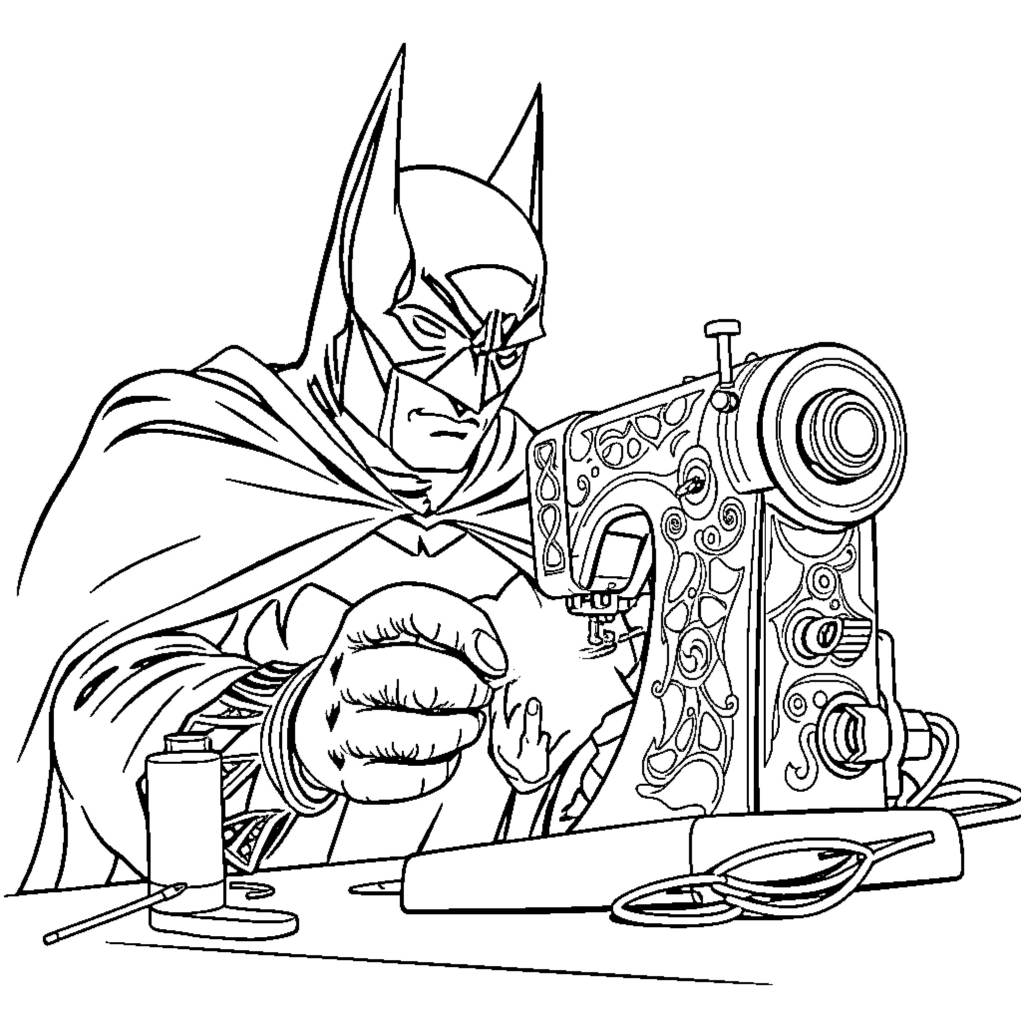 Batman at Work on His Gadgets and Tools Coloring Page (free black-and-white line drawing printable PDF for all, from beginners to advanced learners, including children, teens, adults, and seniors)