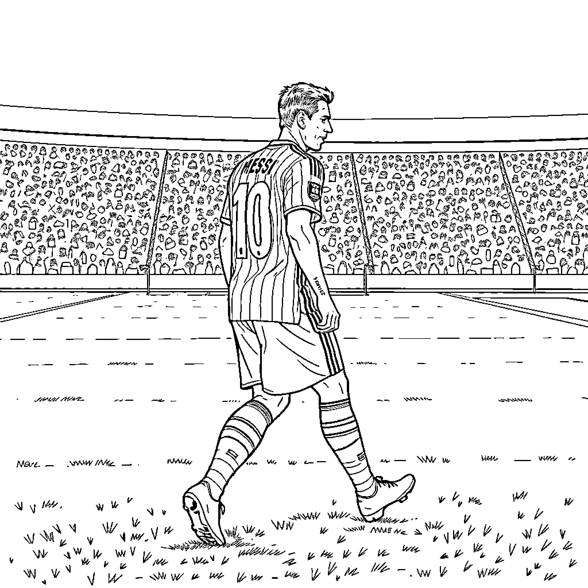 Lionel Messi walking on the football field Coloring Page (free black-and-white line drawing printable PDF for all, from beginners to advanced learners, including children, teens, adults, and seniors)