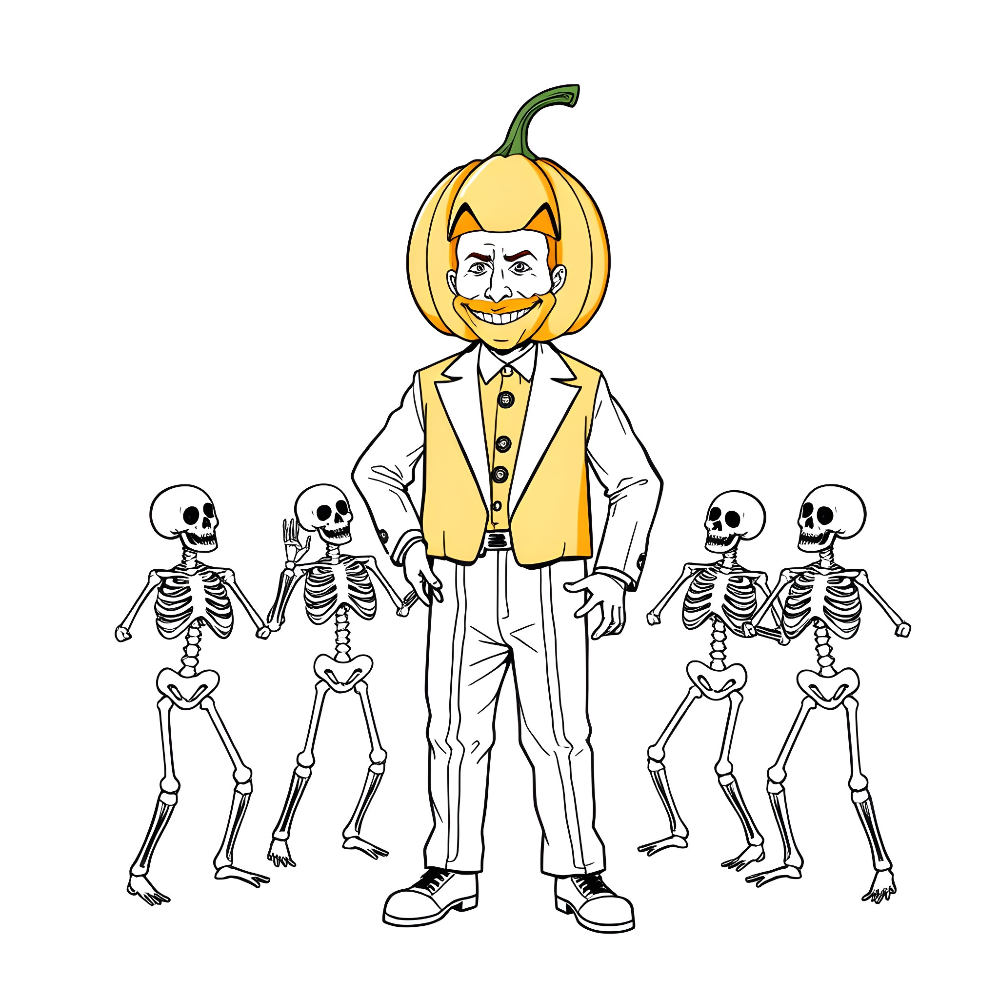 David S. Pumpkins and his spooky skeleton dance crew Coloring Page (free black-and-white line drawing printable PDF for all, from beginners to advanced learners, including children, teens, adults, and seniors)