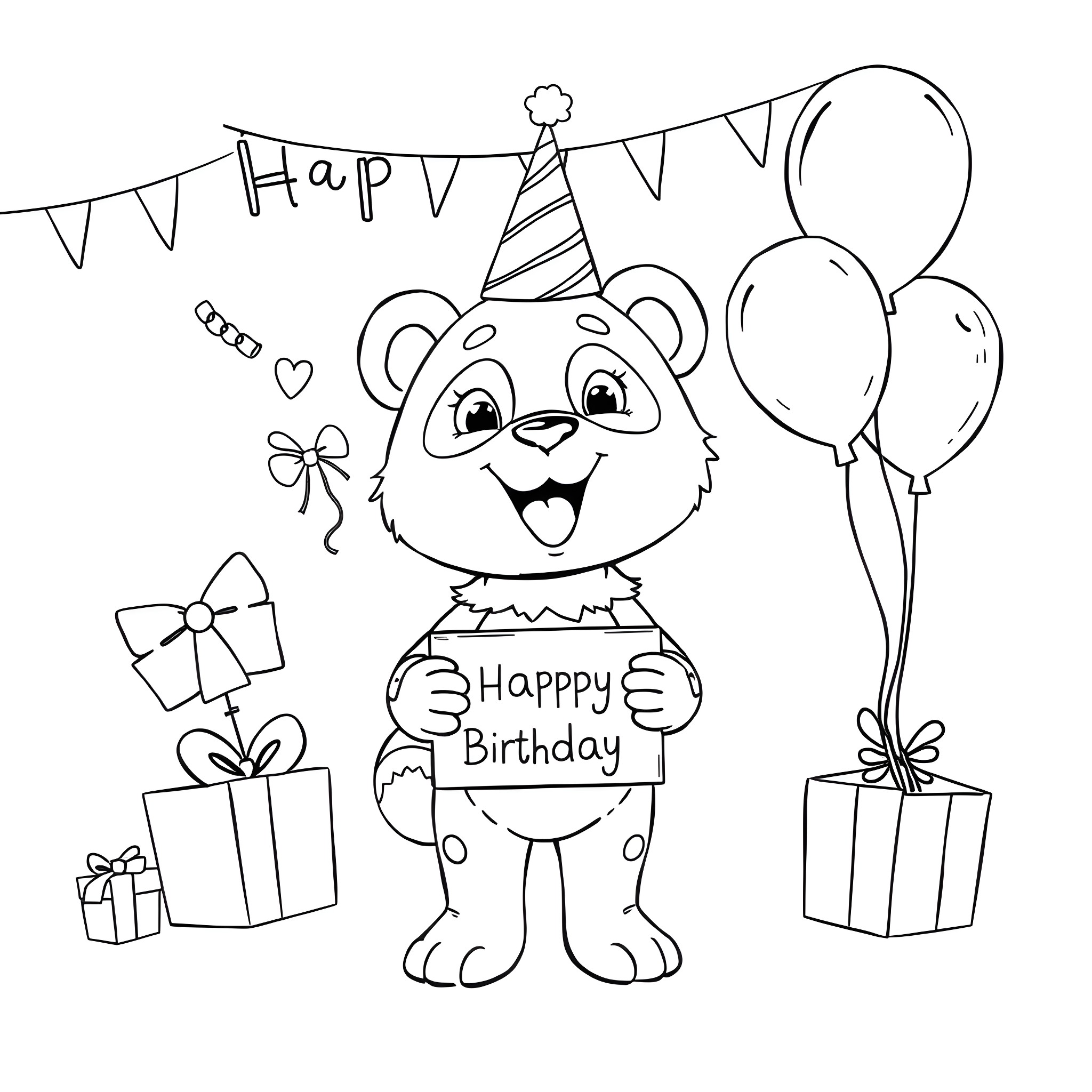 Pandy Paws celebrating a happy birthday with balloons and presents Coloring Page (free black-and-white line drawing printable PDF for all, from beginners to advanced learners, including children, teens, adults, and seniors)