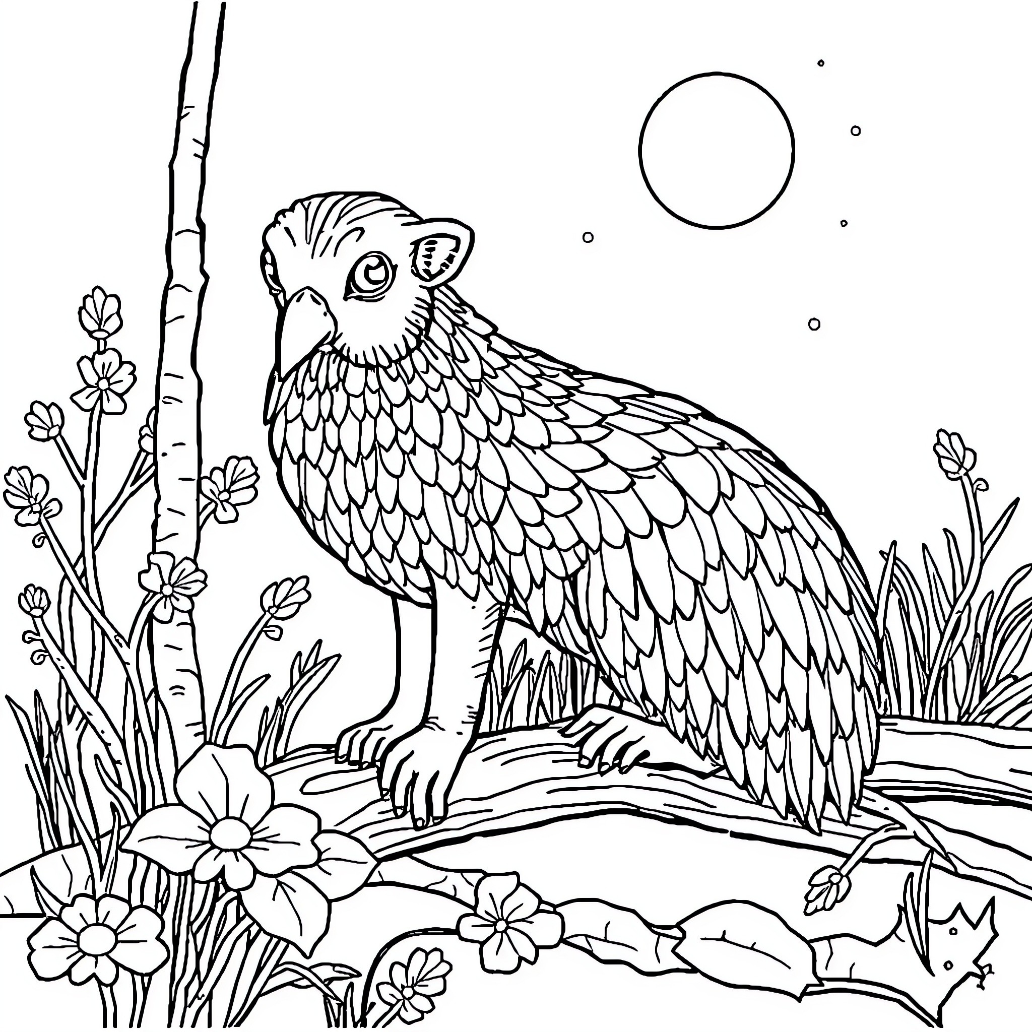 Superman bird in whimsical nature scene Coloring Page (free black-and-white line drawing printable PDF for all, from beginners to advanced learners, including children, teens, adults, and seniors)