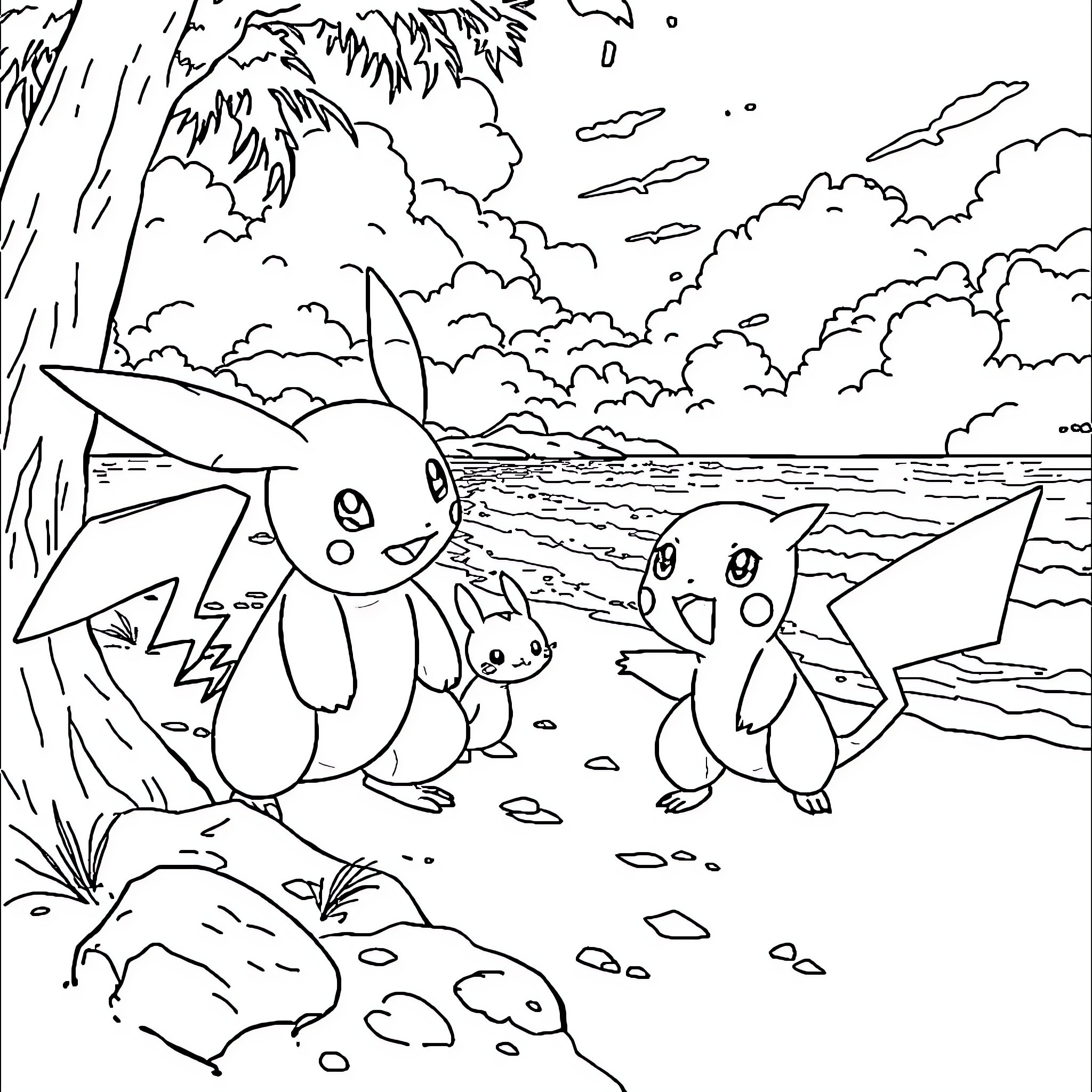 Pokémon exploring tropical beach landscape Coloring Page (free black-and-white line drawing printable PDF for all, from beginners to advanced learners, including children, teens, adults, and seniors)