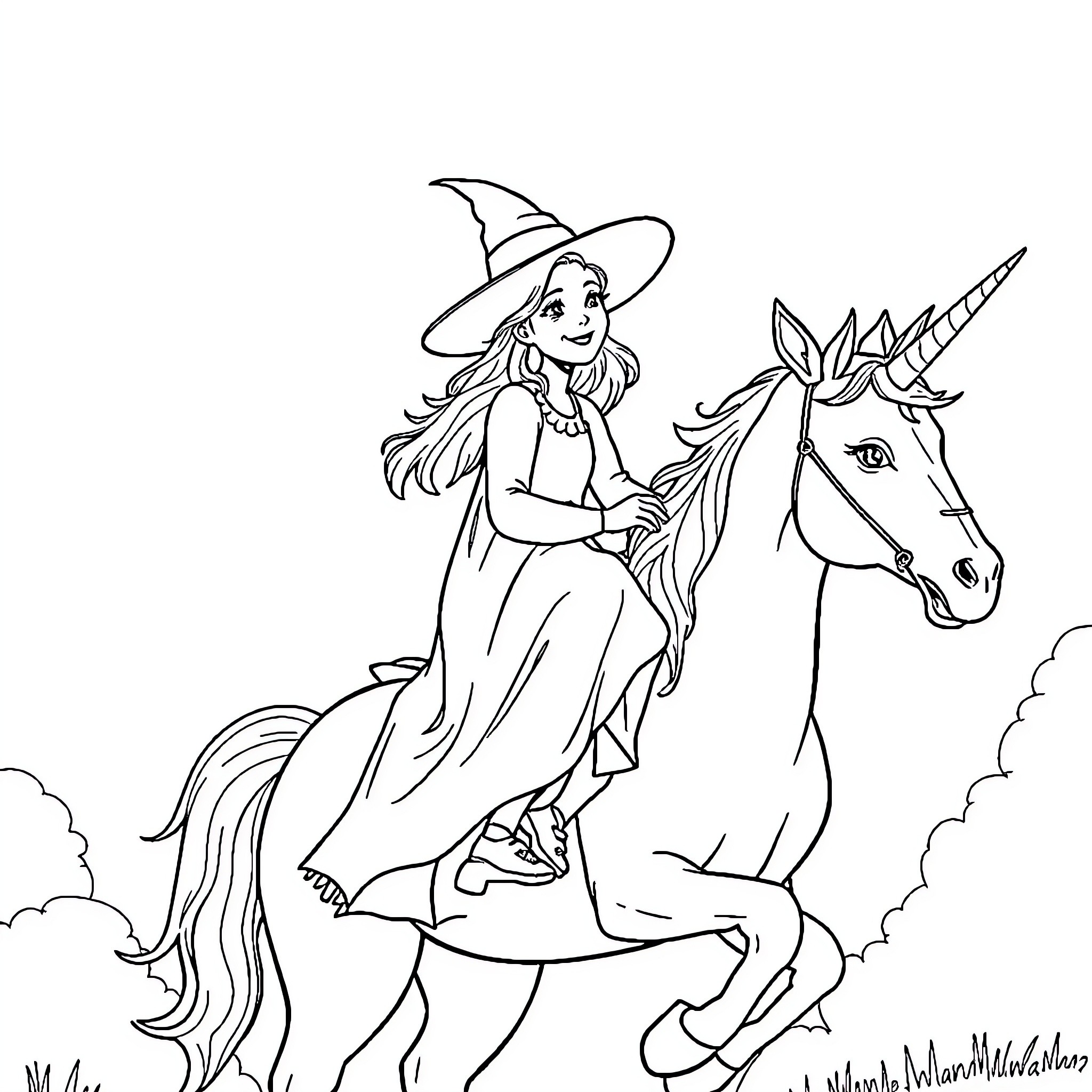 Witch riding a magical unicorn in the clouds Coloring Page (free black-and-white line drawing printable PDF for all, from beginners to advanced learners, including children, teens, adults, and seniors)