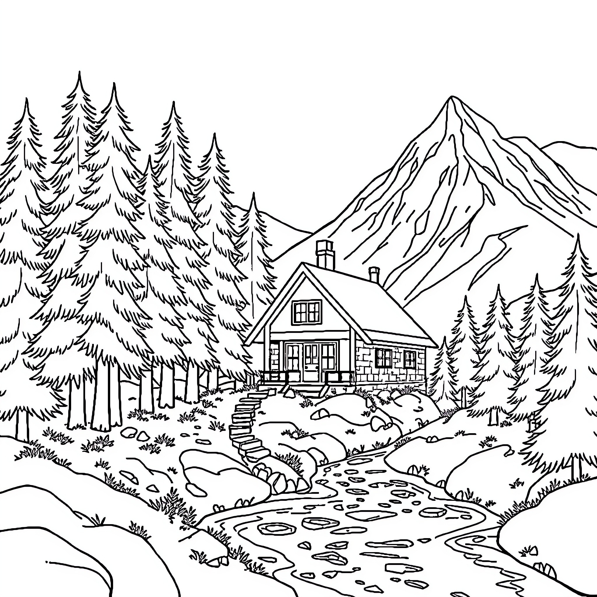 House in the Serene Wilderness Coloring Page (free black-and-white line drawing printable PDF for all, from beginners to advanced learners, including children, teens, adults, and seniors)