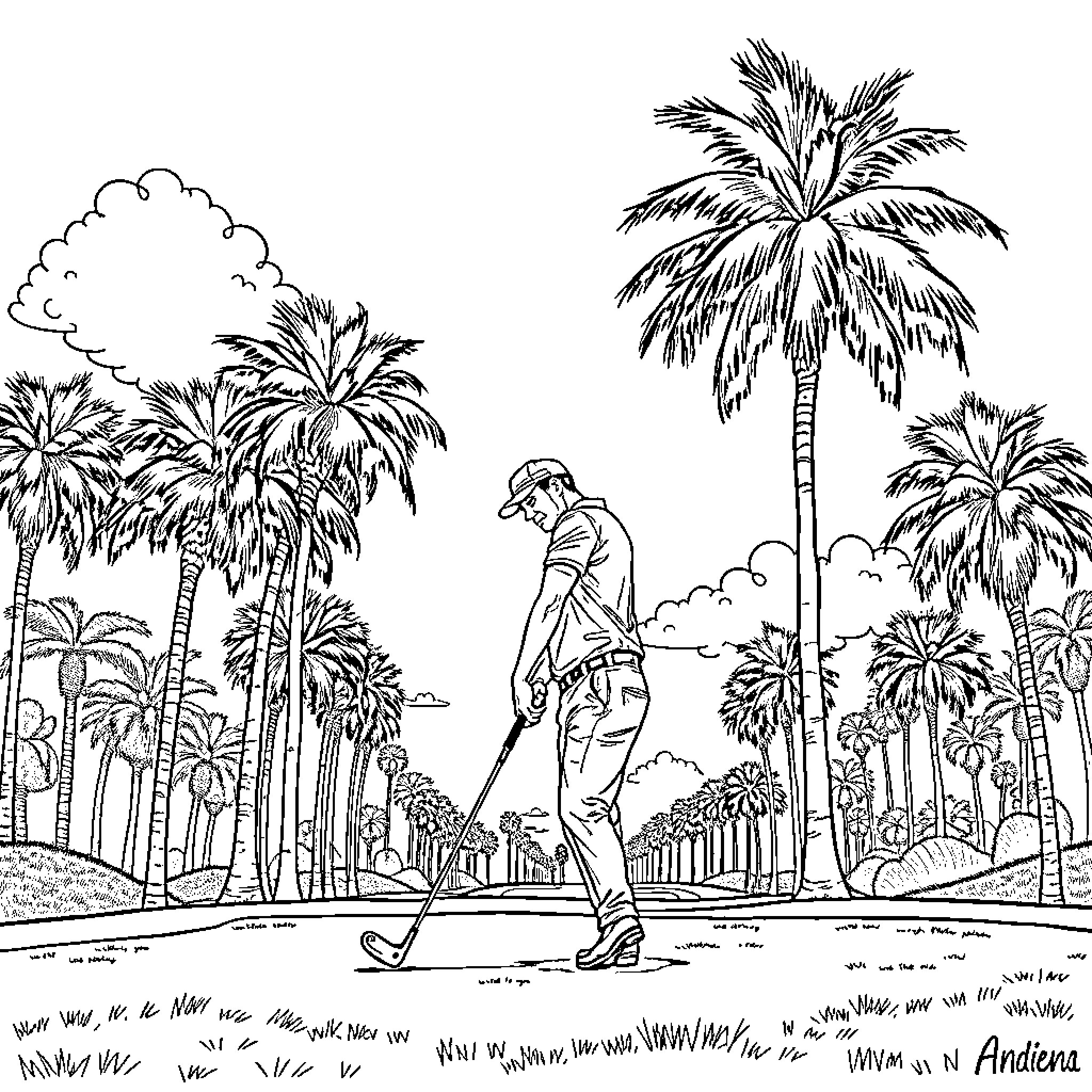 Arthur Morgan enjoying a relaxing day golfing in a tropical paradise Coloring Page (free black-and-white line drawing printable PDF for all, from beginners to advanced learners, including children, teens, adults, and seniors)