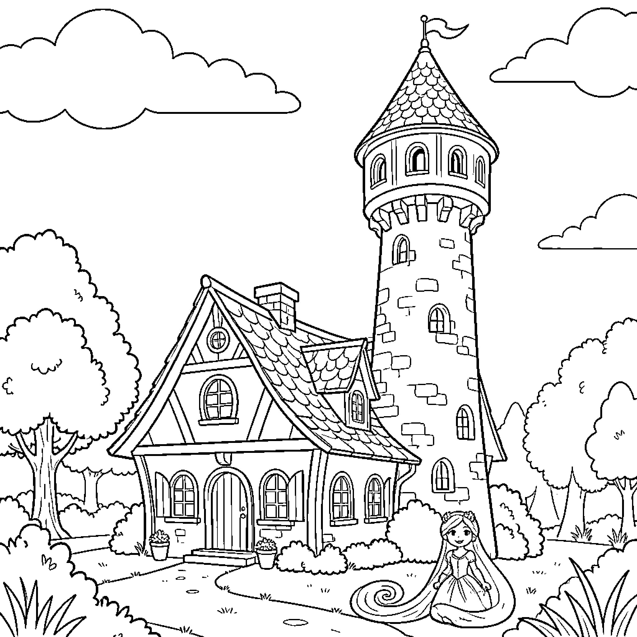 Rapunzel sitting outside her enchanted castle Coloring Page (free black-and-white line drawing printable PDF for all, from beginners to advanced learners, including children, teens, adults, and seniors)