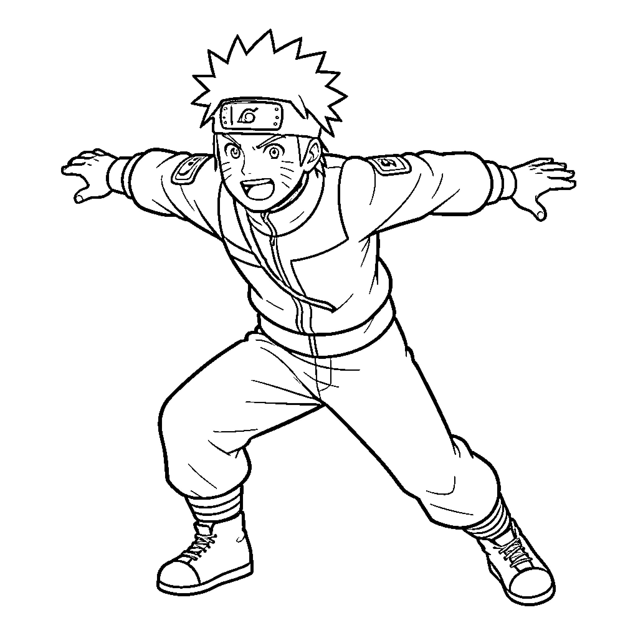 Naruto enthusiastically performing ninja maneuver Coloring Page (free black-and-white line drawing printable PDF for all, from beginners to advanced learners, including children, teens, adults, and seniors)