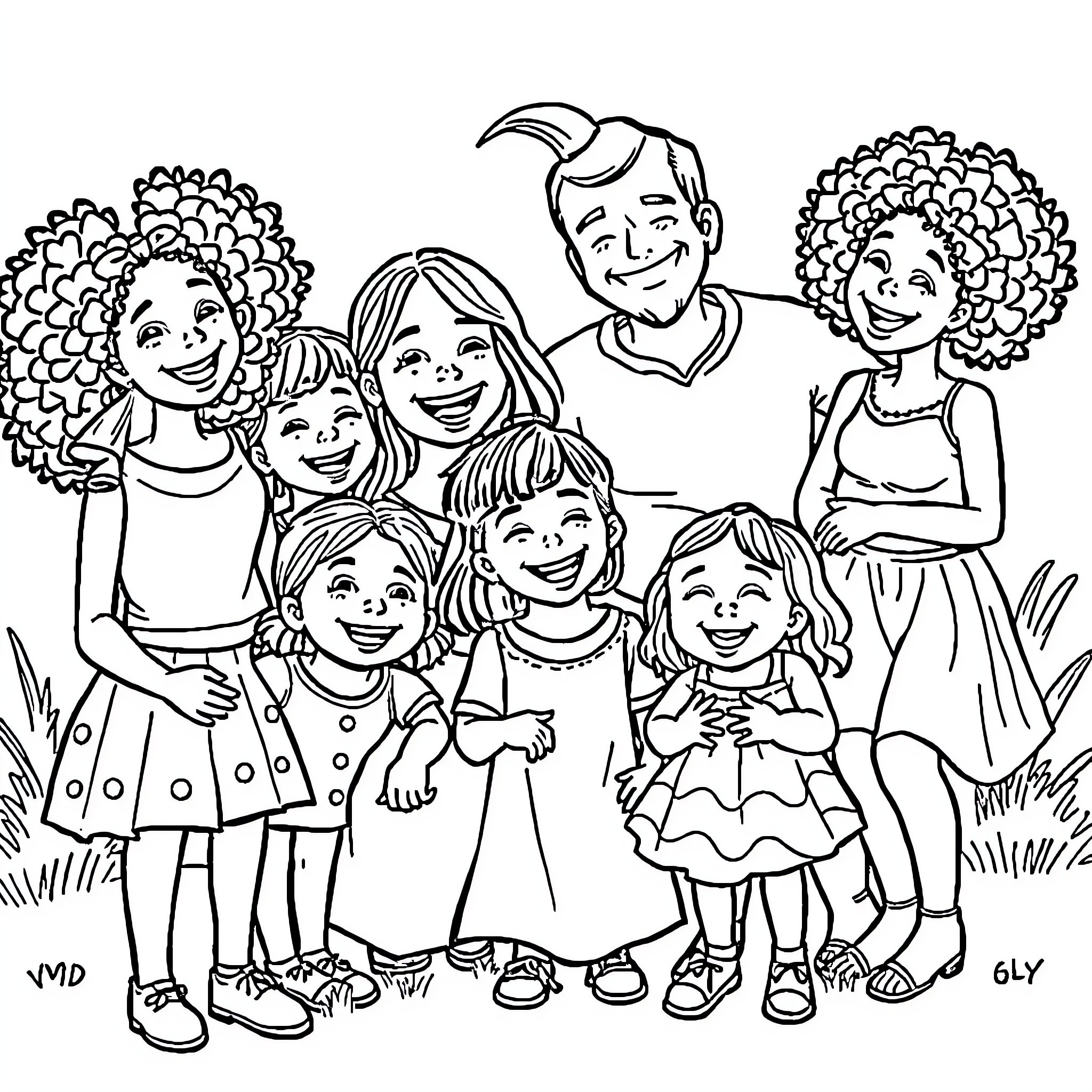 Family Gathered for Joyful Celebration Coloring Page (free black-and-white line drawing printable PDF for all, from beginners to advanced learners, including children, teens, adults, and seniors)