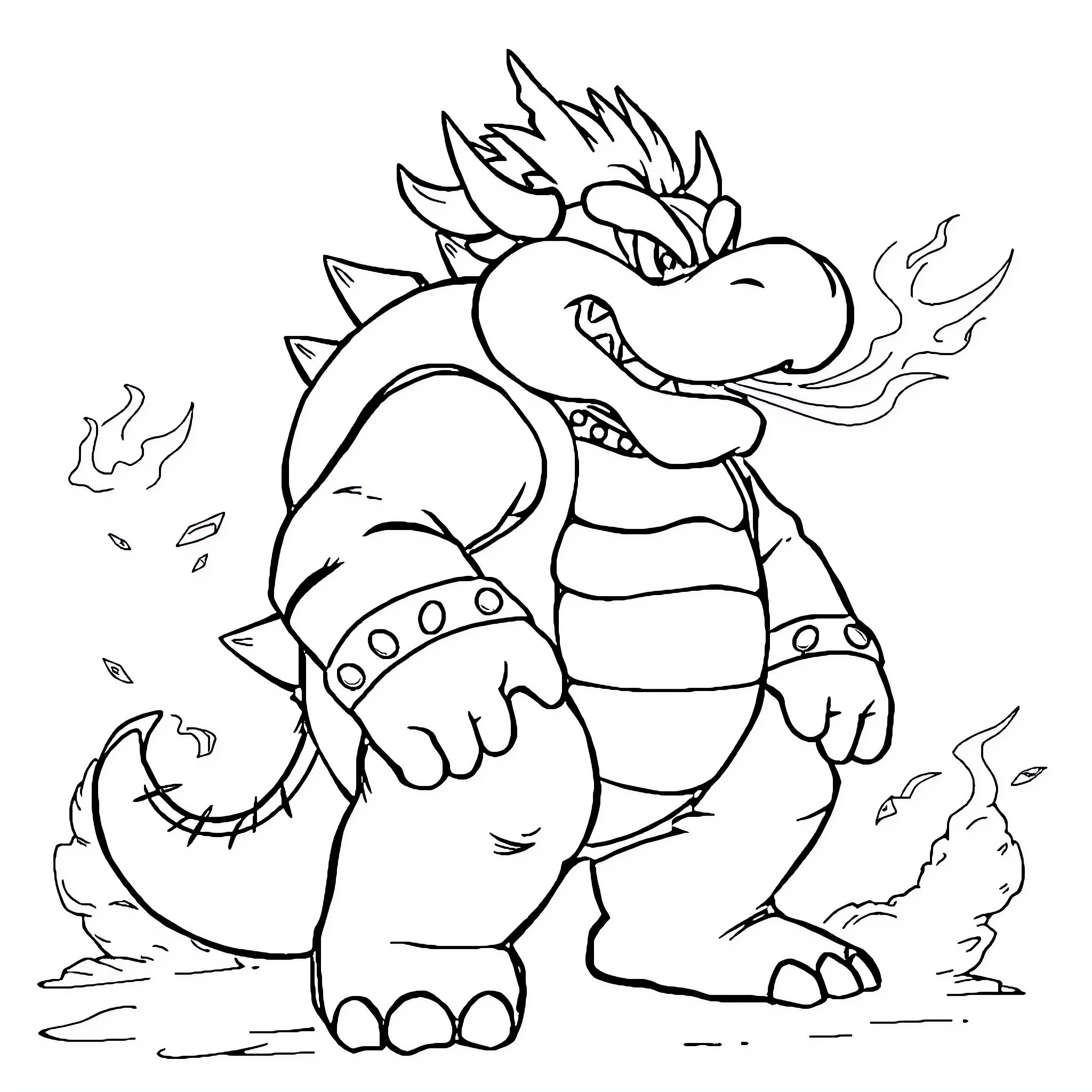 Bowser breathing fire in action pose Coloring Page (free black-and-white line drawing printable PDF for all, from beginners to advanced learners, including children, teens, adults, and seniors)