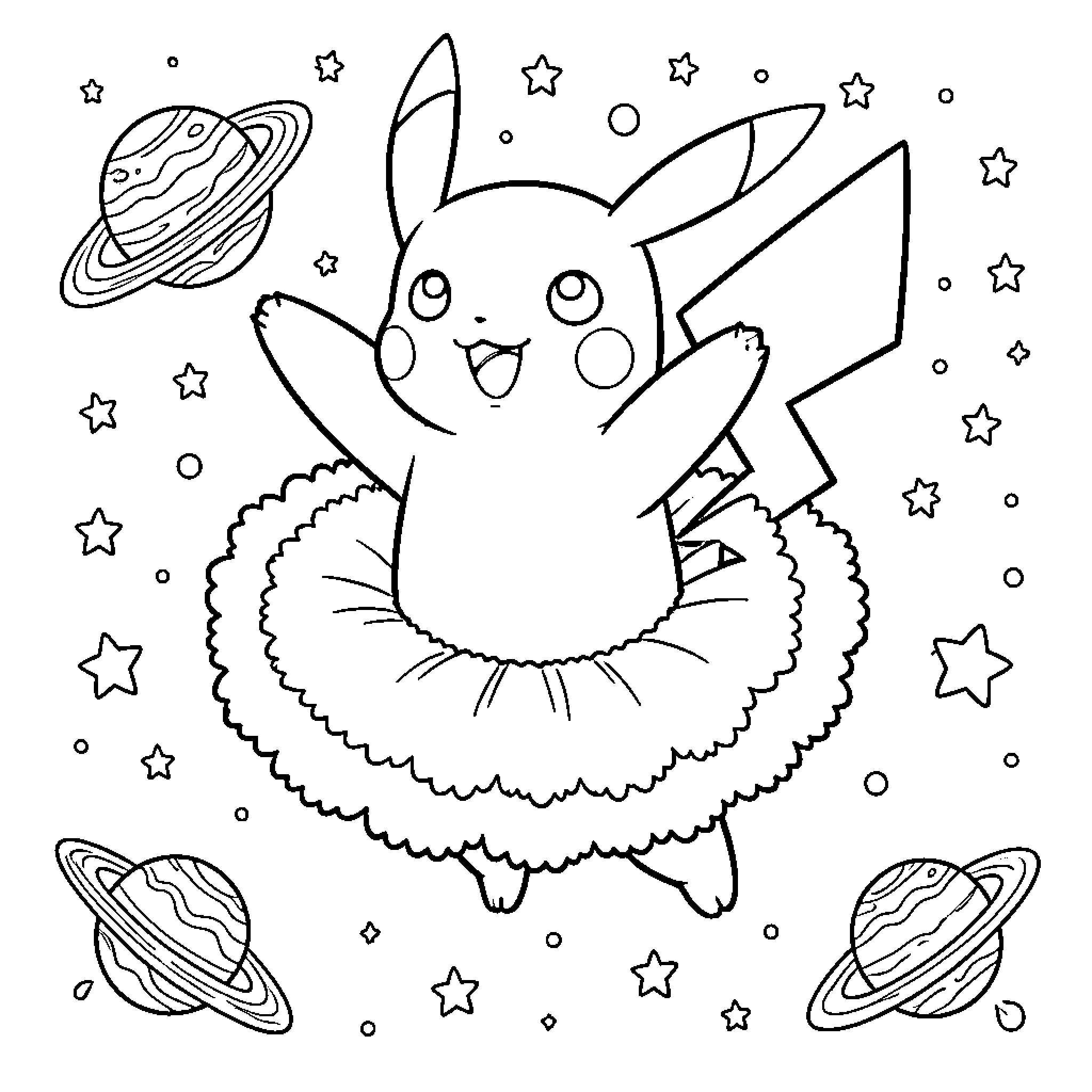 Pikachu dancing in a tutu among the stars Coloring Page (free black-and-white line drawing printable PDF for all, from beginners to advanced learners, including children, teens, adults, and seniors)
