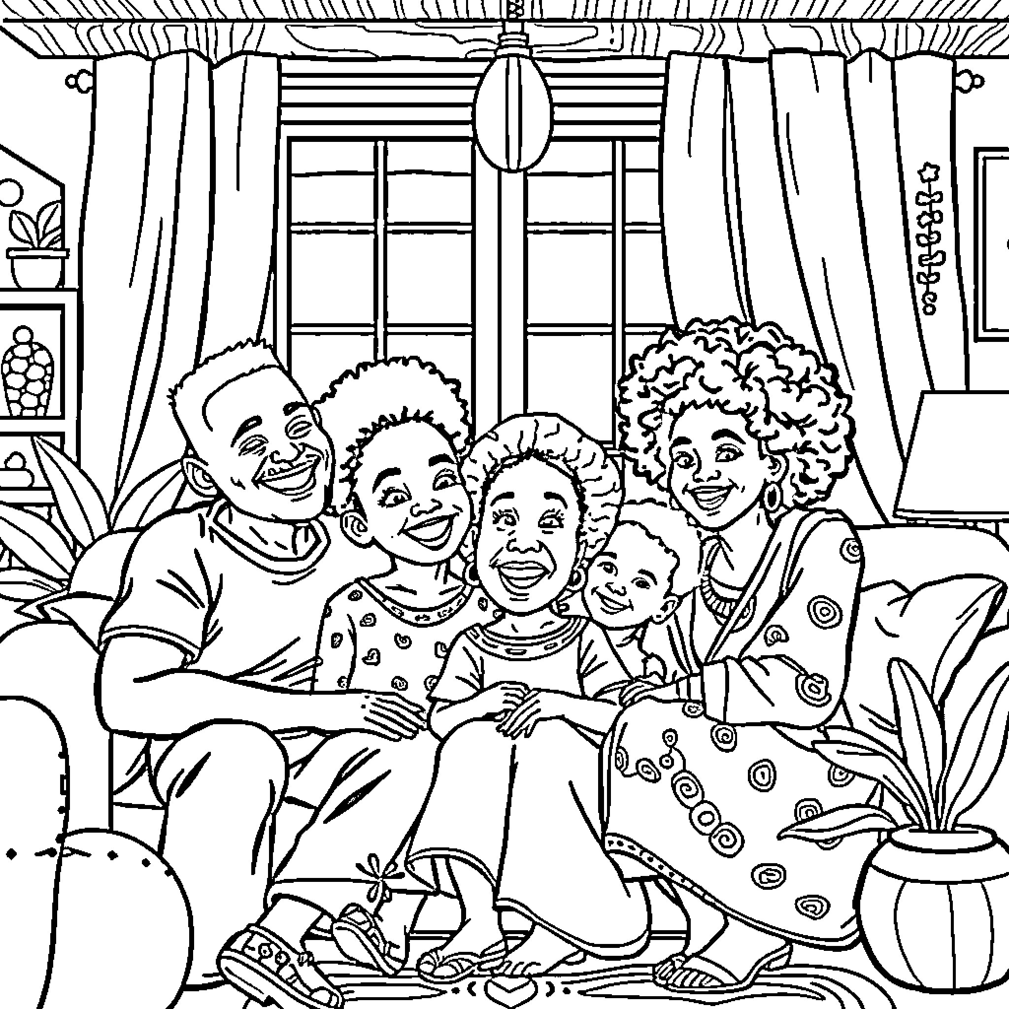 African Family Enjoying Quality Time Together Coloring Page (free black-and-white line drawing printable PDF for all, from beginners to advanced learners, including children, teens, adults, and seniors)