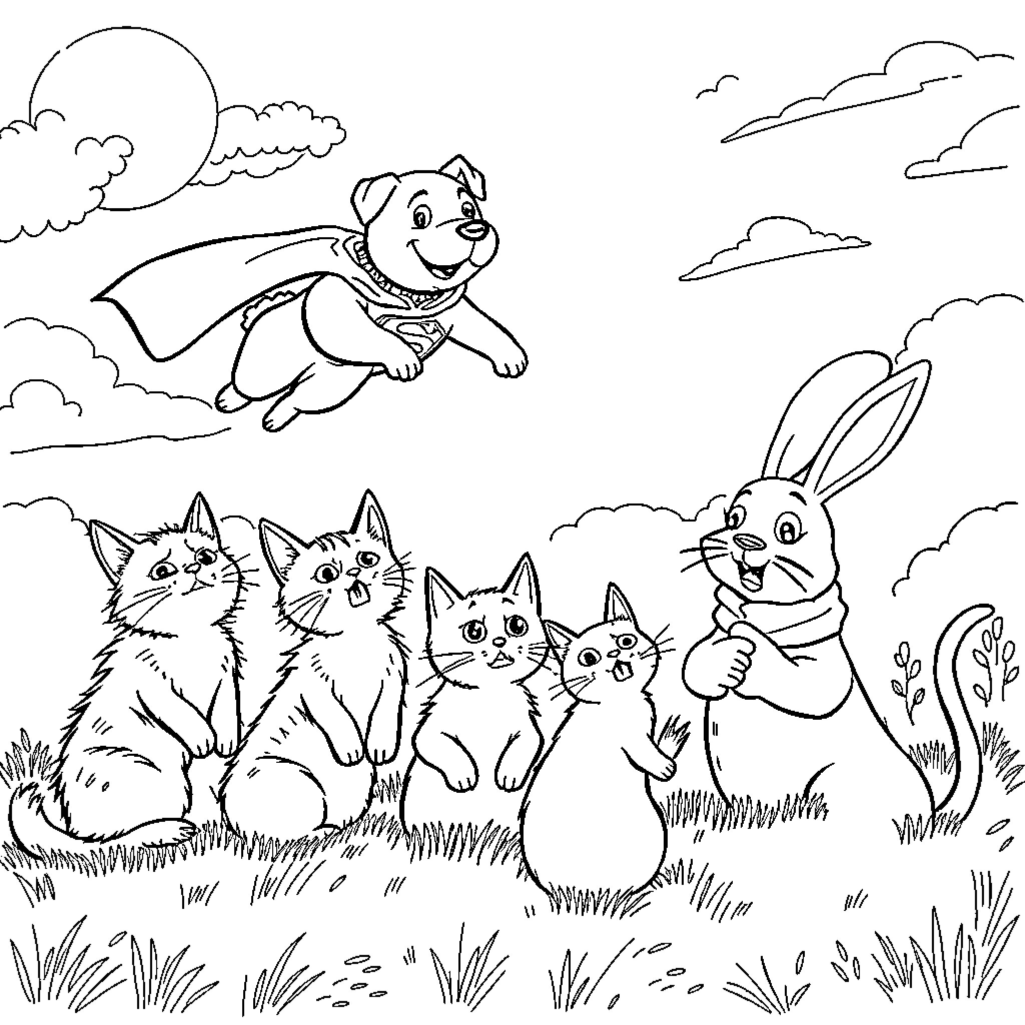 Dog soaring happily above playful kittens and rabbit Coloring Page (free black-and-white line drawing printable PDF for all, from beginners to advanced learners, including children, teens, adults, and seniors)