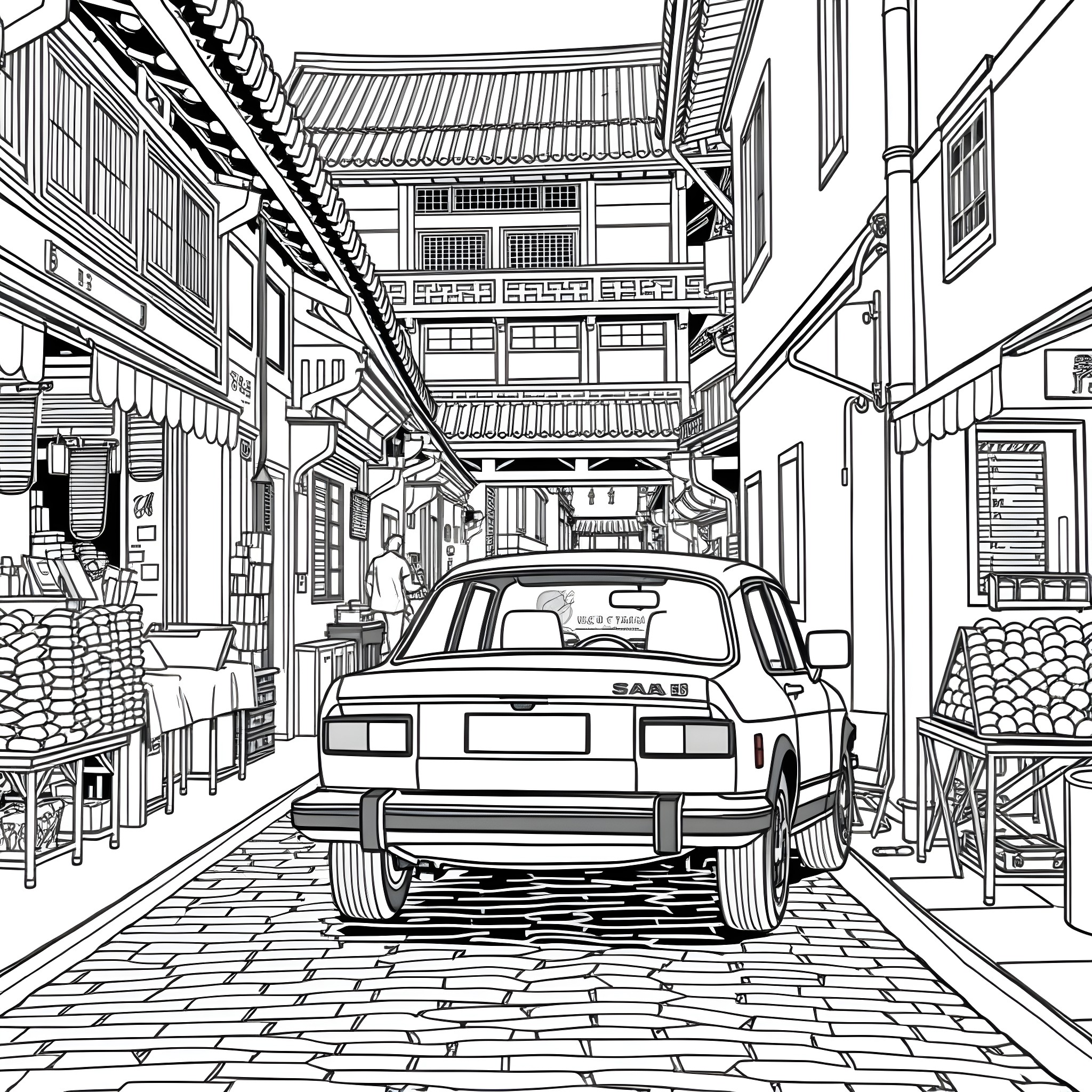 Saab model parked in traditional Japanese street Coloring Page (free black-and-white line drawing printable PDF for all, from beginners to advanced learners, including children, teens, adults, and seniors)