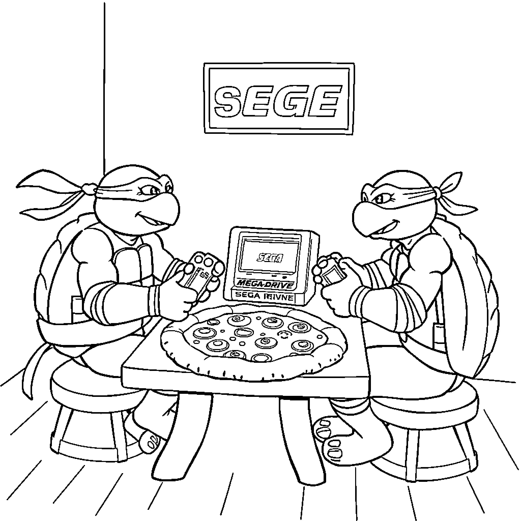 Ninja Turtles playing video game on SEGA console Coloring Page (free black-and-white line drawing printable PDF for all, from beginners to advanced learners, including children, teens, adults, and seniors)