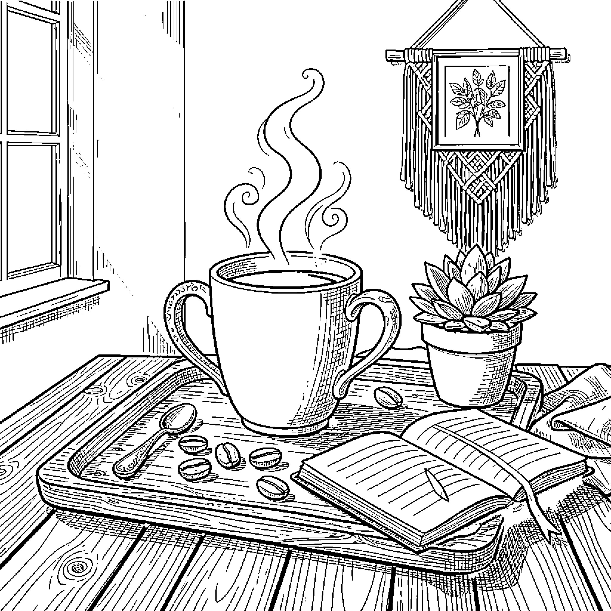 Coffee and Cozy Corners: A Moment of Tranquility Coloring Page (free black-and-white line drawing printable PDF for all, from beginners to advanced learners, including children, teens, adults, and seniors)