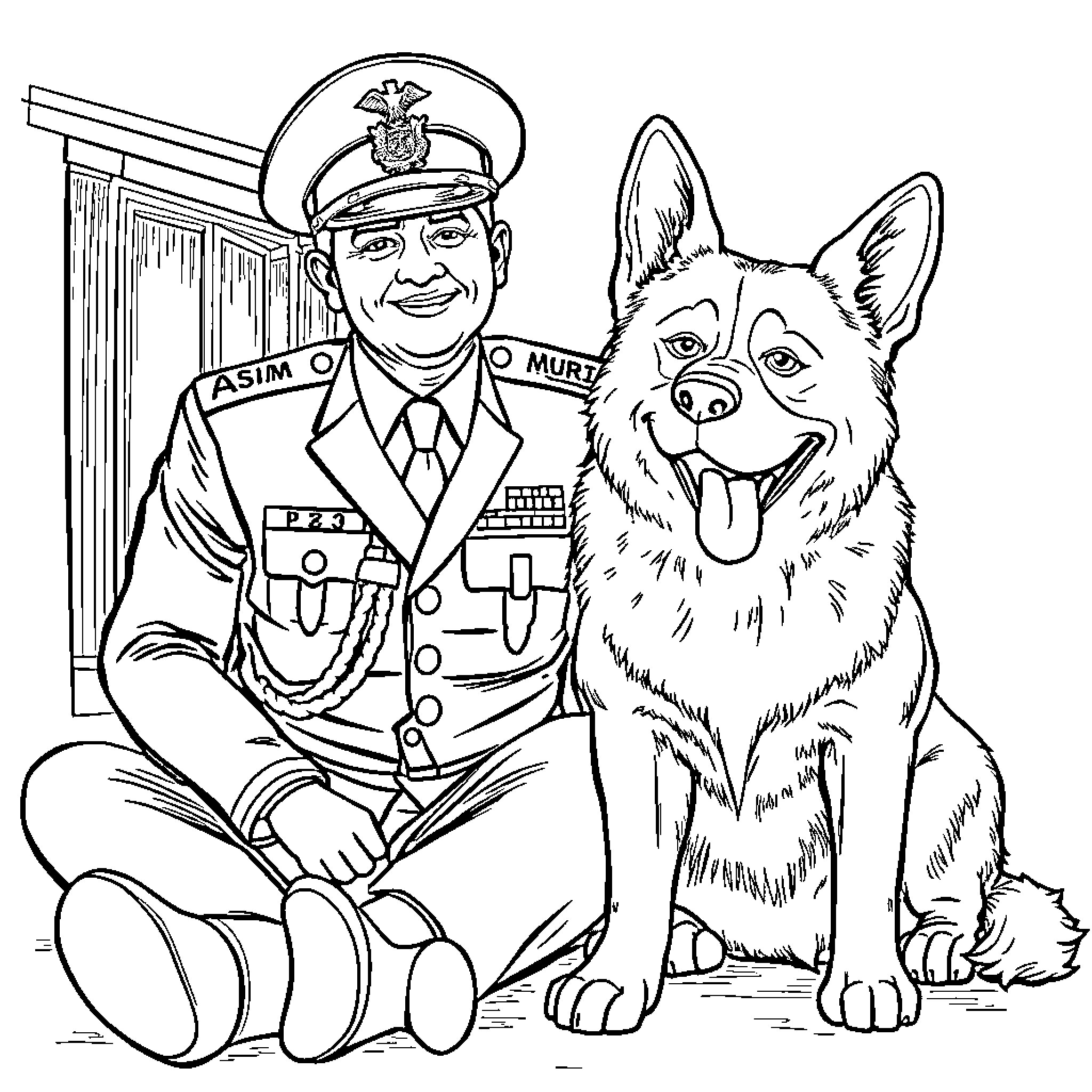 Dog accompanies uniformed officer in official capacity Coloring Page (free black-and-white line drawing printable PDF for all, from beginners to advanced learners, including children, teens, adults, and seniors)