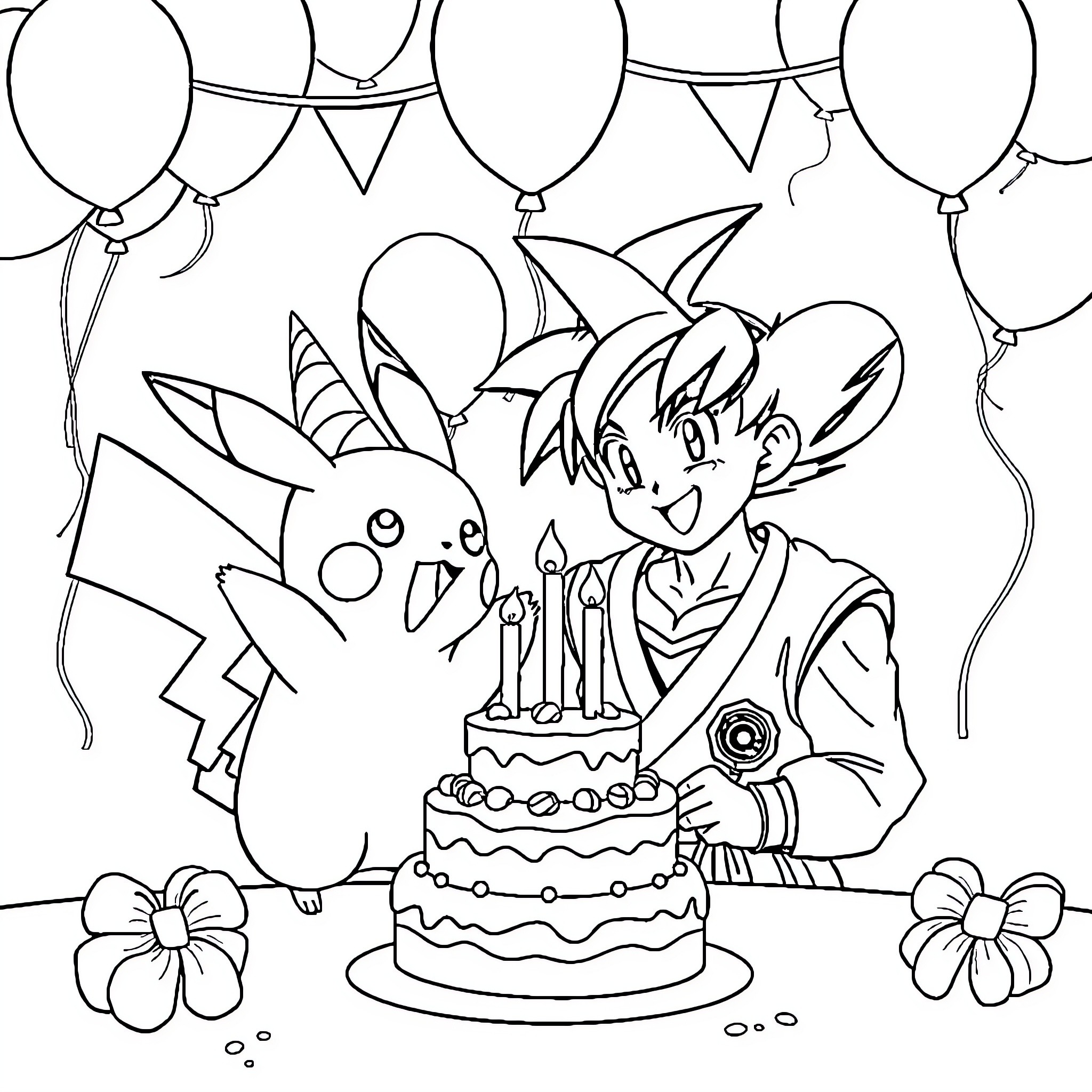 Pikachu and Ash Celebrate Birthday with Balloons Coloring Page (free black-and-white line drawing printable PDF for all, from beginners to advanced learners, including children, teens, adults, and seniors)