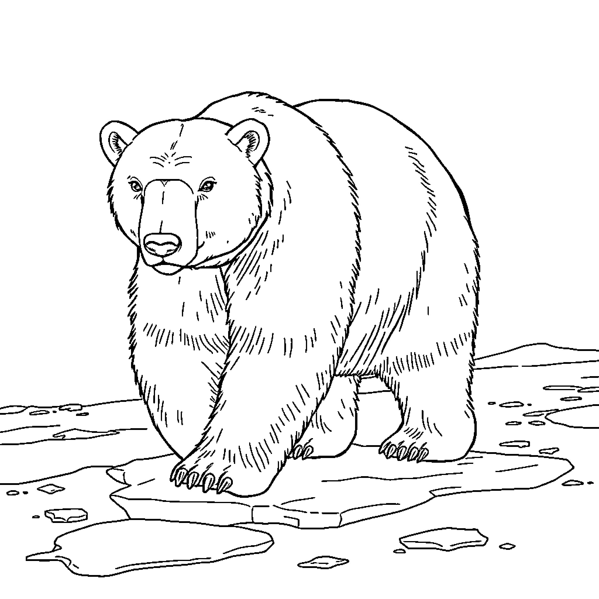 Polar Bear standing on ice floe Coloring Page (free black-and-white line drawing printable PDF for all, from beginners to advanced learners, including children, teens, adults, and seniors)