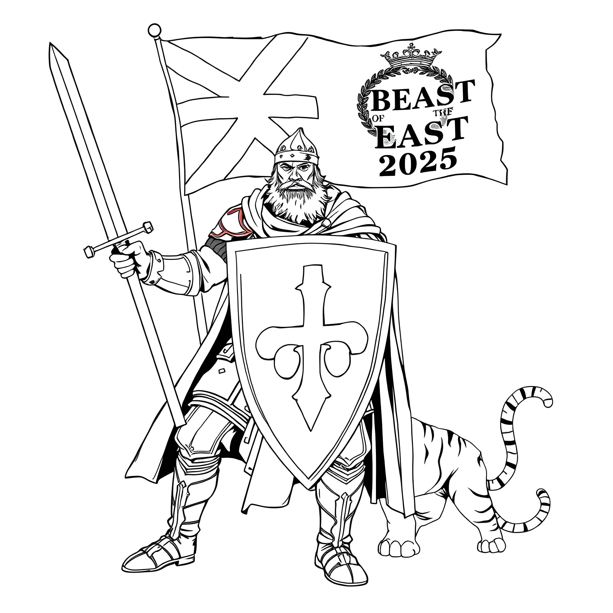 Scottish Warrior Advancing with Flag and Sword Coloring Page (free black-and-white line drawing printable PDF for all, from beginners to advanced learners, including children, teens, adults, and seniors)