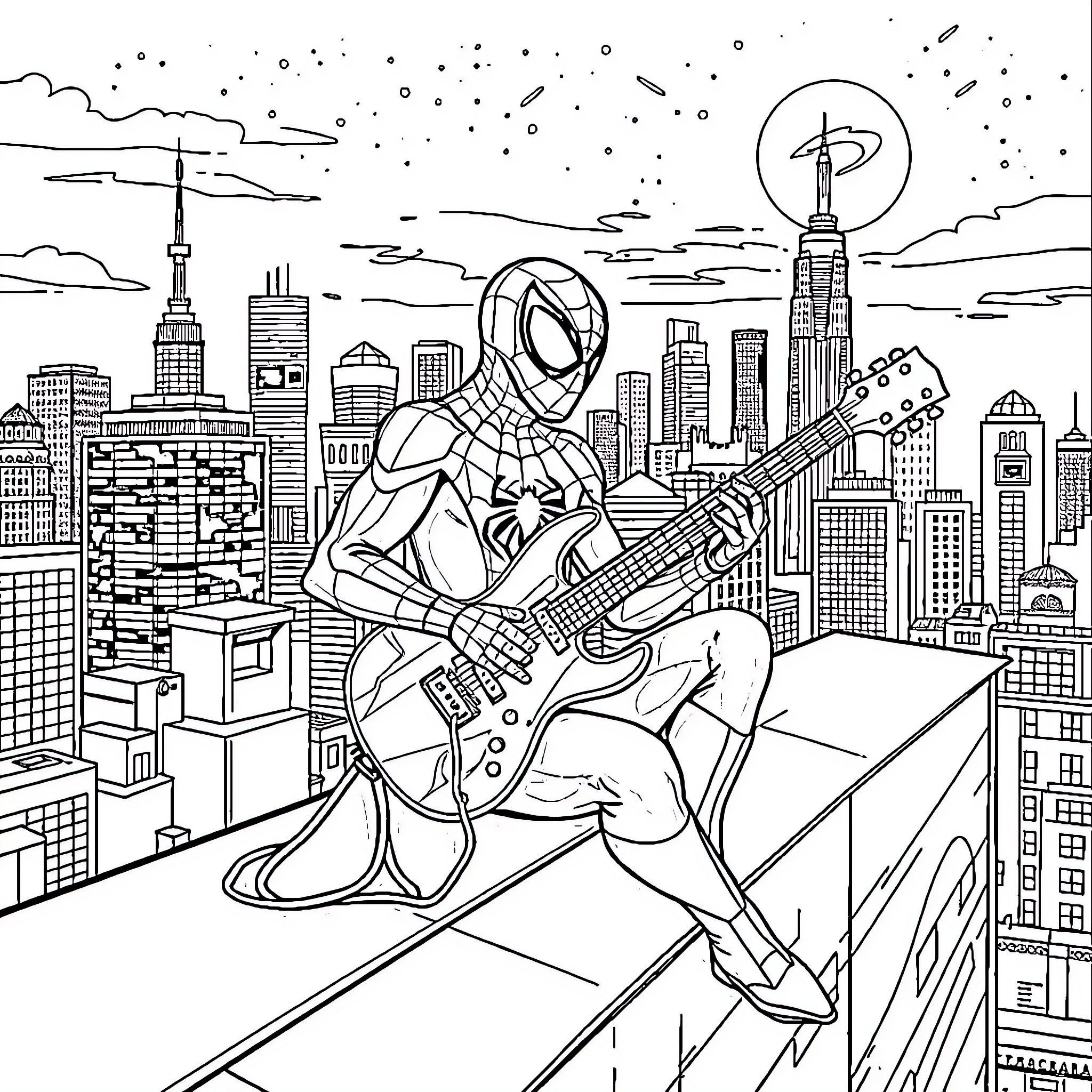 Spiderman plays guitar on top of New York skyline Coloring Page (free black-and-white line drawing printable PDF for all, from beginners to advanced learners, including children, teens, adults, and seniors)