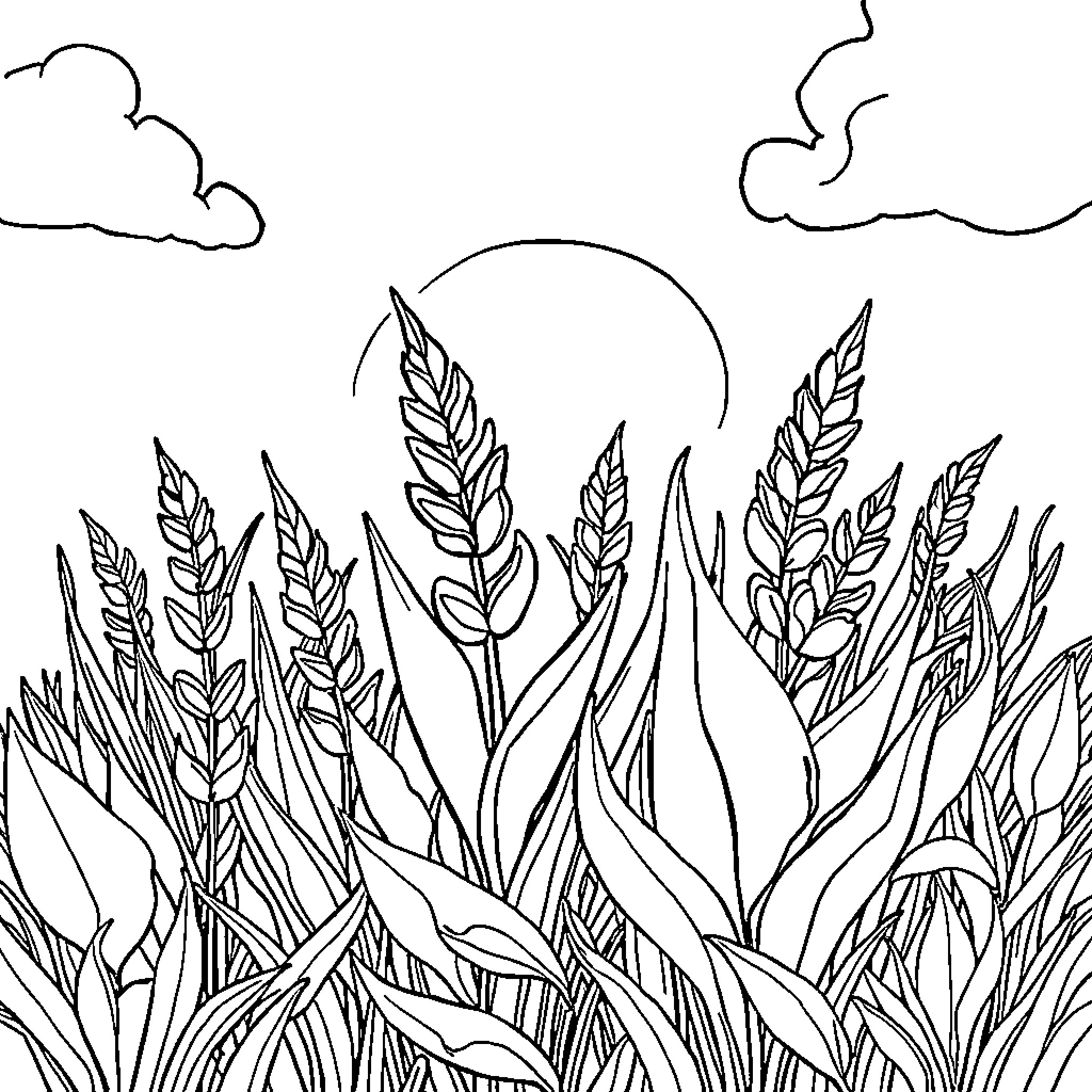 Plant life in the moonlit landscape Coloring Page (free black-and-white line drawing printable PDF for all, from beginners to advanced learners, including children, teens, adults, and seniors)
