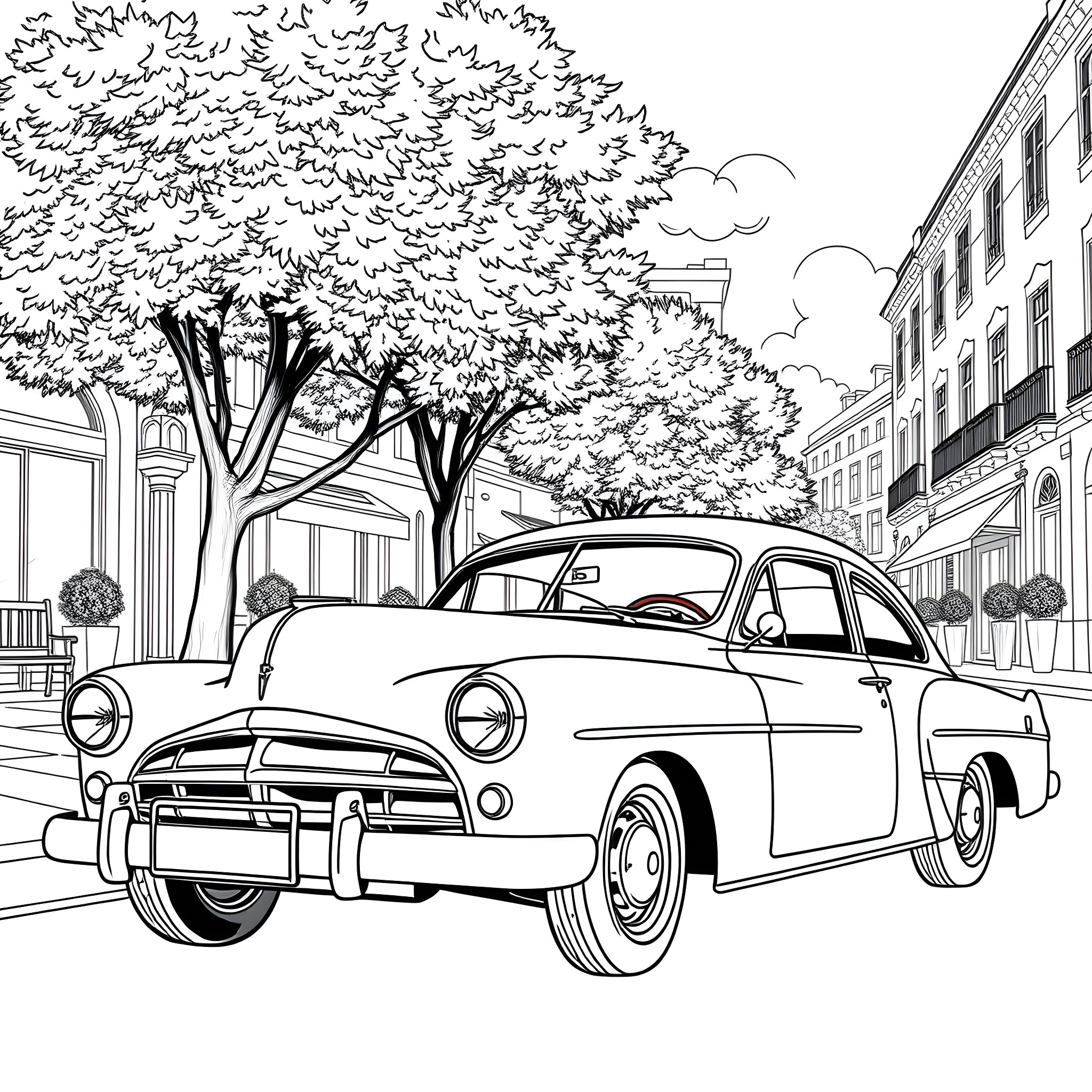 Car parked on a city street with trees Coloring Page (free black-and-white line drawing printable PDF for all, from beginners to advanced learners, including children, teens, adults, and seniors)