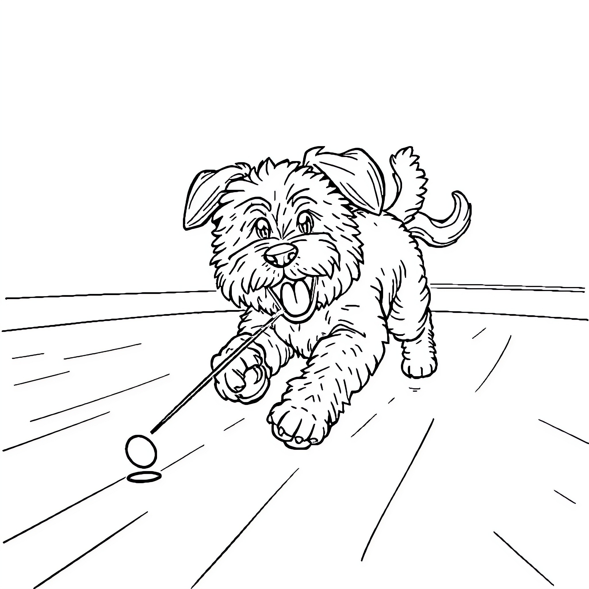 Doodle of playful puppy chasing a stick Coloring Page (free black-and-white line drawing printable PDF for all, from beginners to advanced learners, including children, teens, adults, and seniors)
