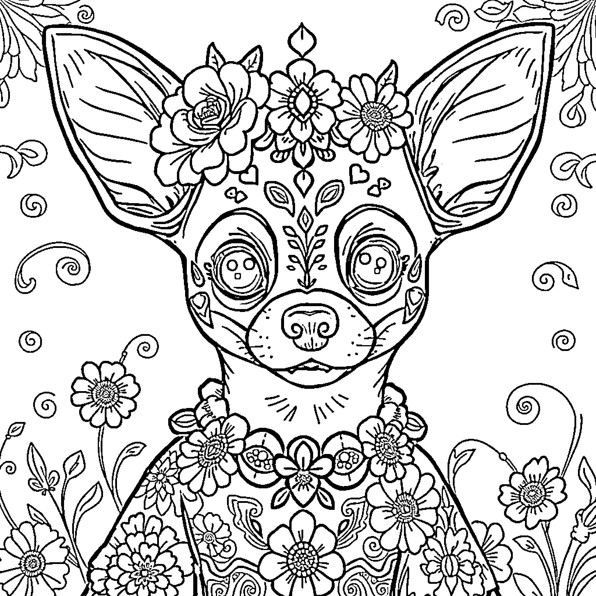 Chihuahua amid vibrant floral pattern Coloring Page (free black-and-white line drawing printable PDF for all, from beginners to advanced learners, including children, teens, adults, and seniors)