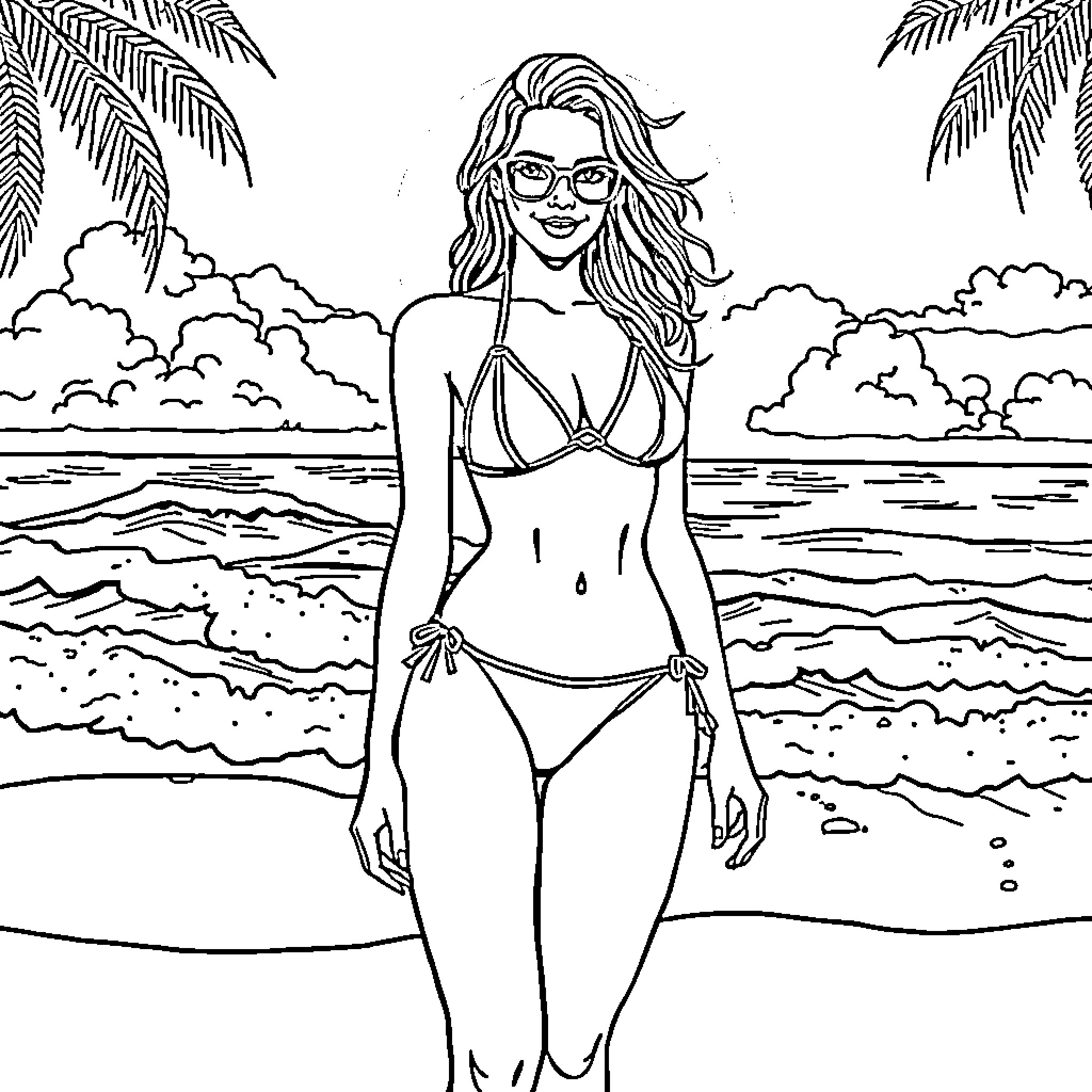 Bikini Model Relaxing on Tropical Beach Coloring Page (free black-and-white line drawing printable PDF for all, from beginners to advanced learners, including children, teens, adults, and seniors)
