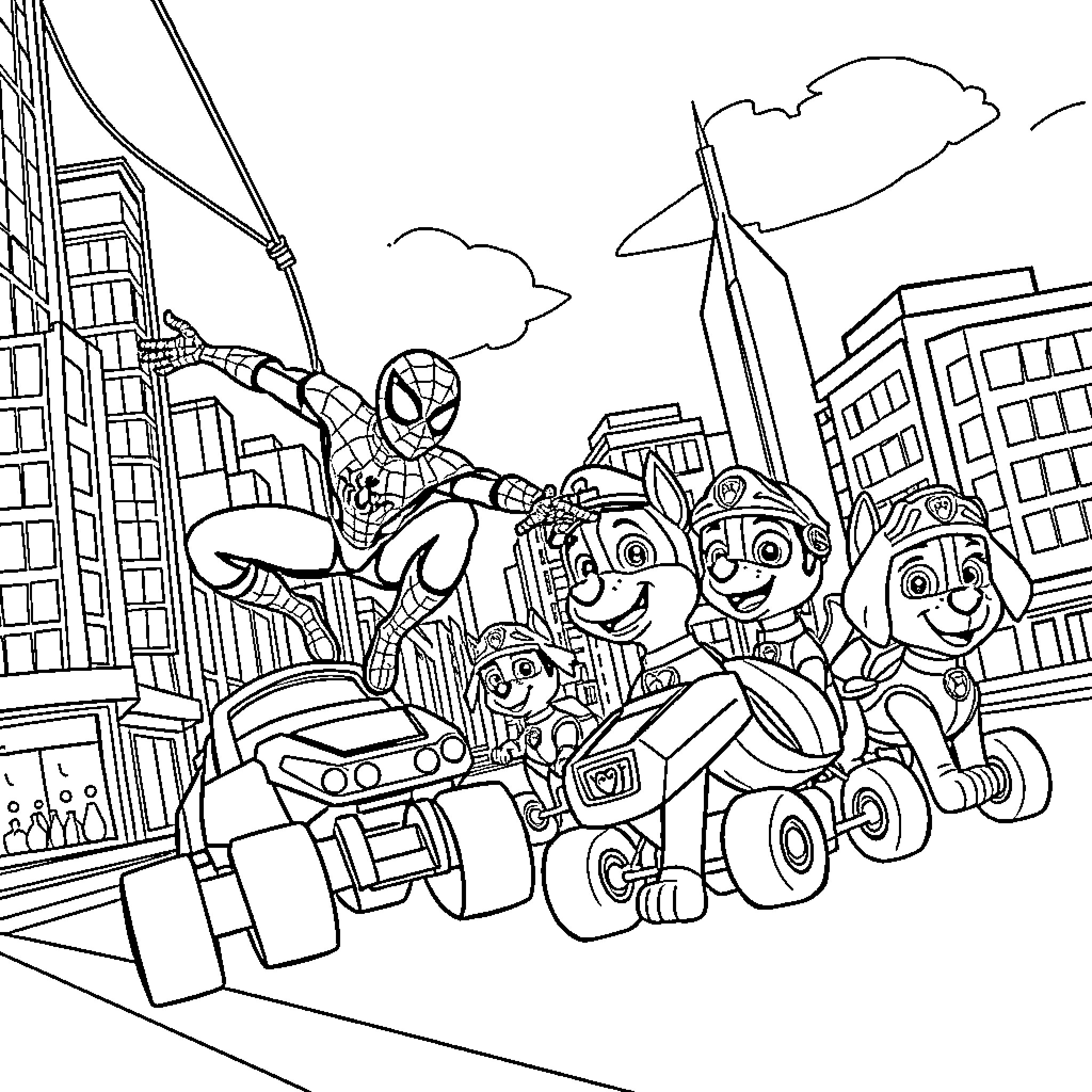 Spider-Man teams up with Paw Patrol heroes in the city Coloring Page (free black-and-white line drawing printable PDF for all, from beginners to advanced learners, including children, teens, adults, and seniors)