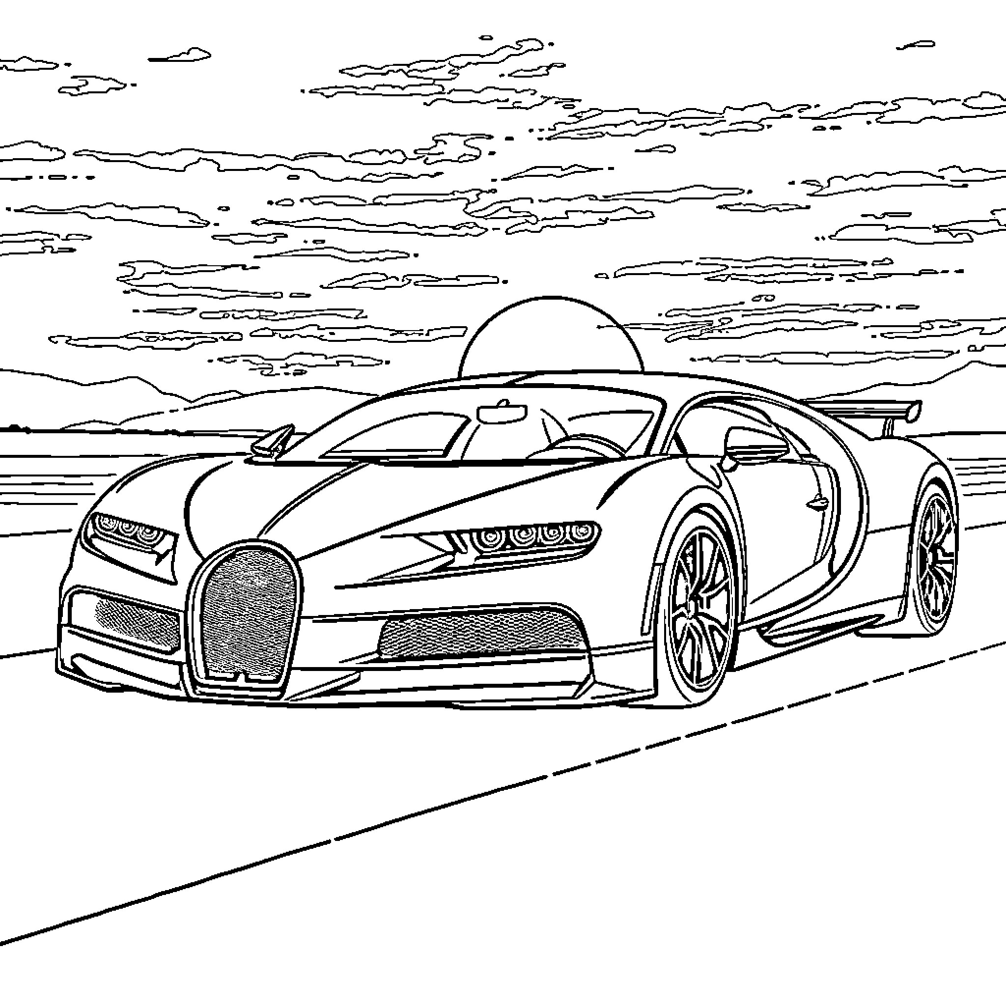 Bugatti supercar speeding through the countryside Coloring Page (free black-and-white line drawing printable PDF for all, from beginners to advanced learners, including children, teens, adults, and seniors)