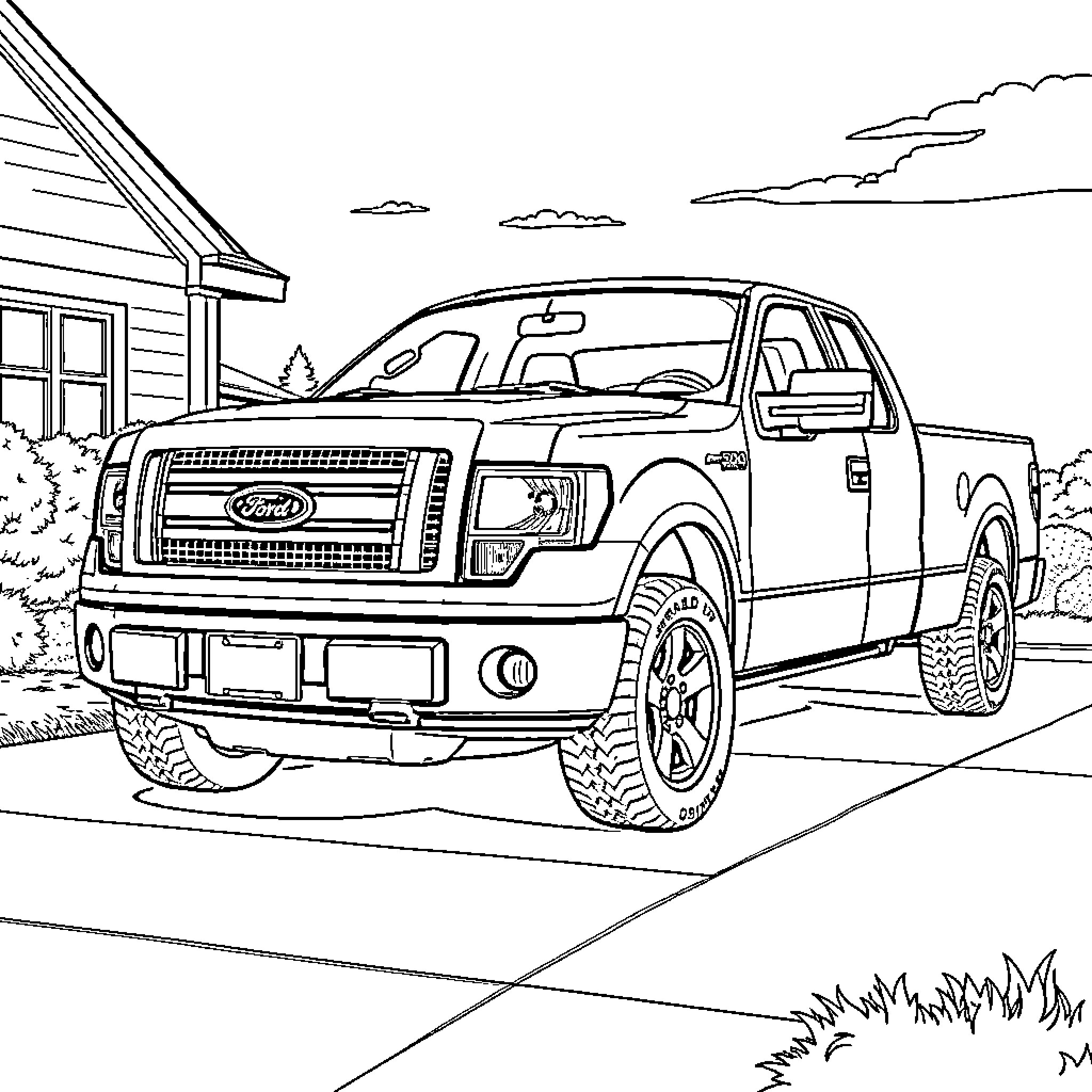 F150 truck parked in front of cabin in nature scene Coloring Page (free black-and-white line drawing printable PDF for all, from beginners to advanced learners, including children, teens, adults, and seniors)